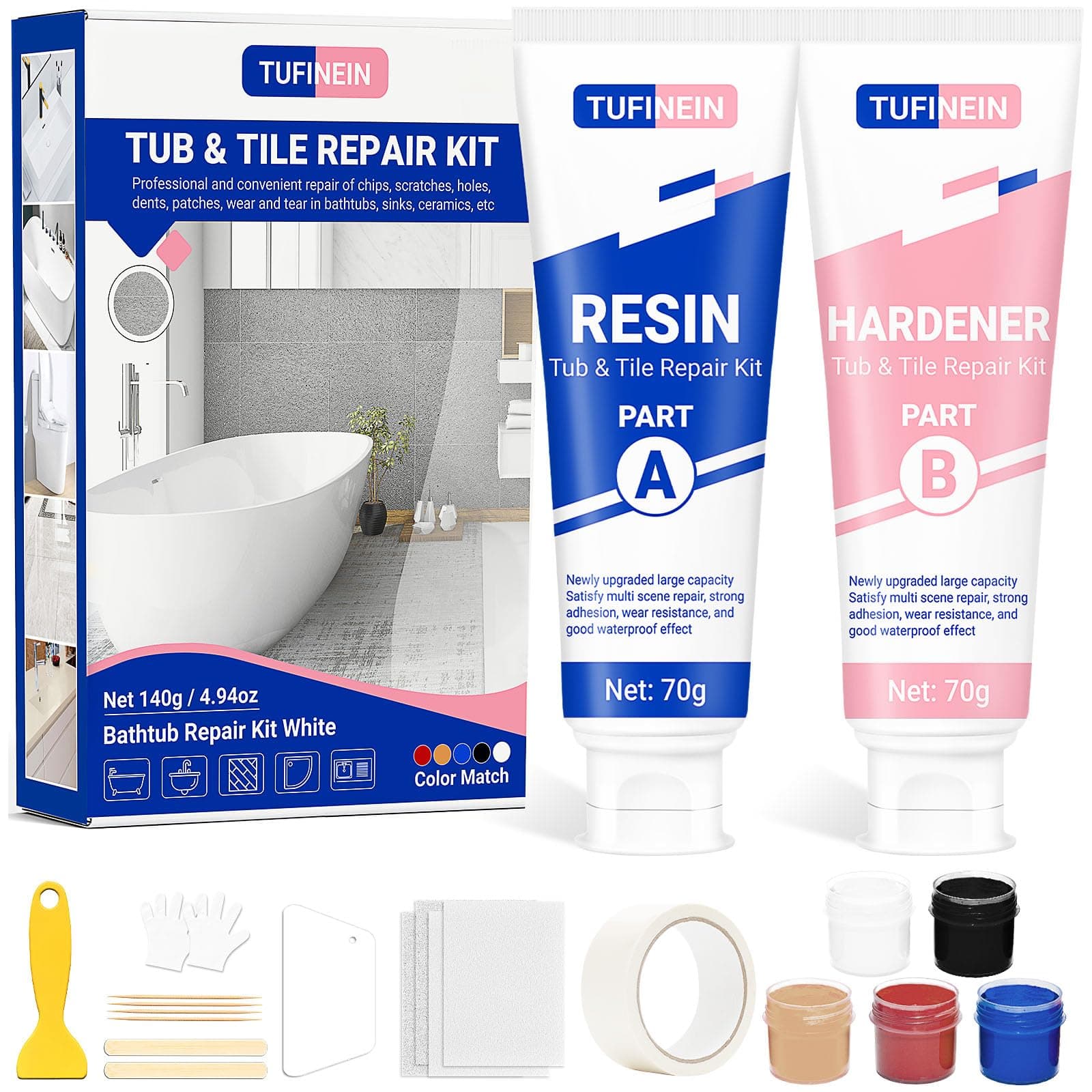 Bathtub Repair Kit 140g (Color Match), TUFINEIN Porcelain Repair Kit for Fiberglass, Enamel, Ceramic, Acrylic Repair and Fix Chips, Cracks, Scratches, Holes on Tub/Tile/Sink/Shower Tray/Shower