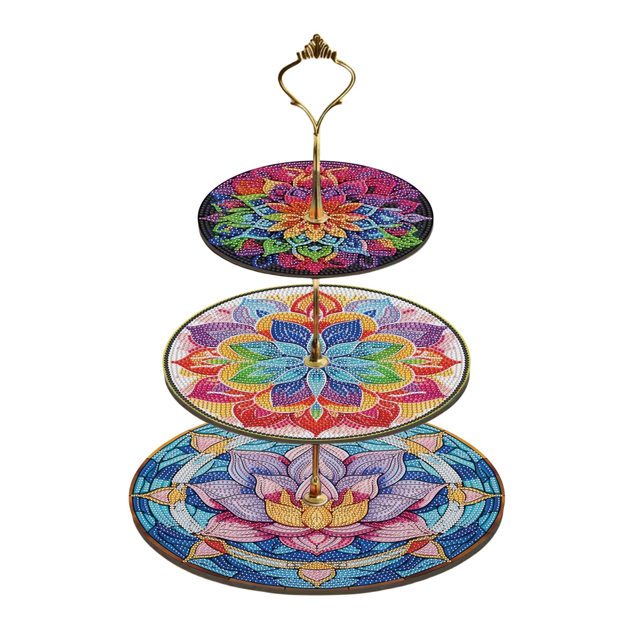 Three-Tier Diamond Painting Wooden Cake Stand DIY Sunflower Diamond Painting Cupcake Towel-Lined Tiered Tray Reusable Pastry Stand (Datura Flower)