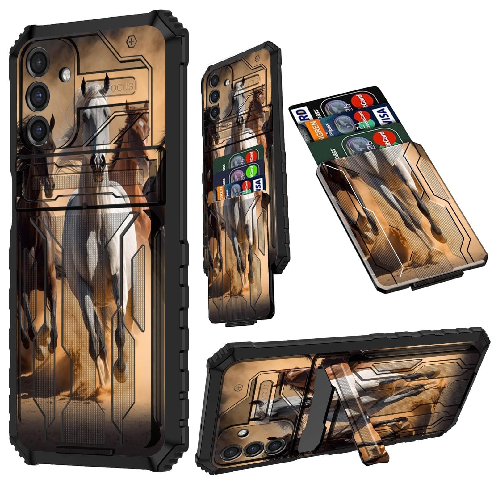 JANENFNA for Samsung A15 5G 2023 Case, Galaxy A15 5G Phone Case with Card Holder Detachable Kickstand Heavy Duty Shockproof Case for Samsung Galaxy A15 5G, Horses