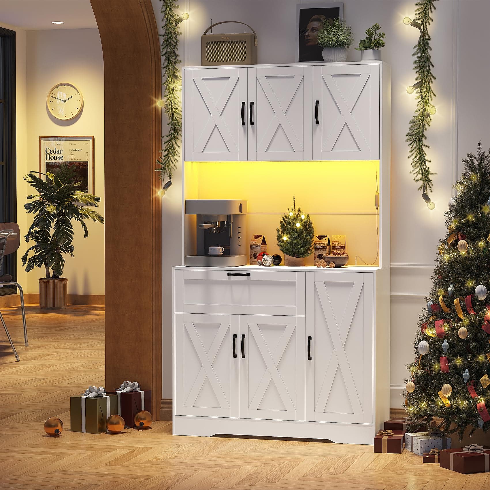 Iavyga 71" Kitchen Pantry Cabinets with Hutch - Freestanding Pantry Cabinet with Drawer, Adjustable Shelves, LED Light & Power Outlets for Kitchen, Dining Room, Living Room (White)