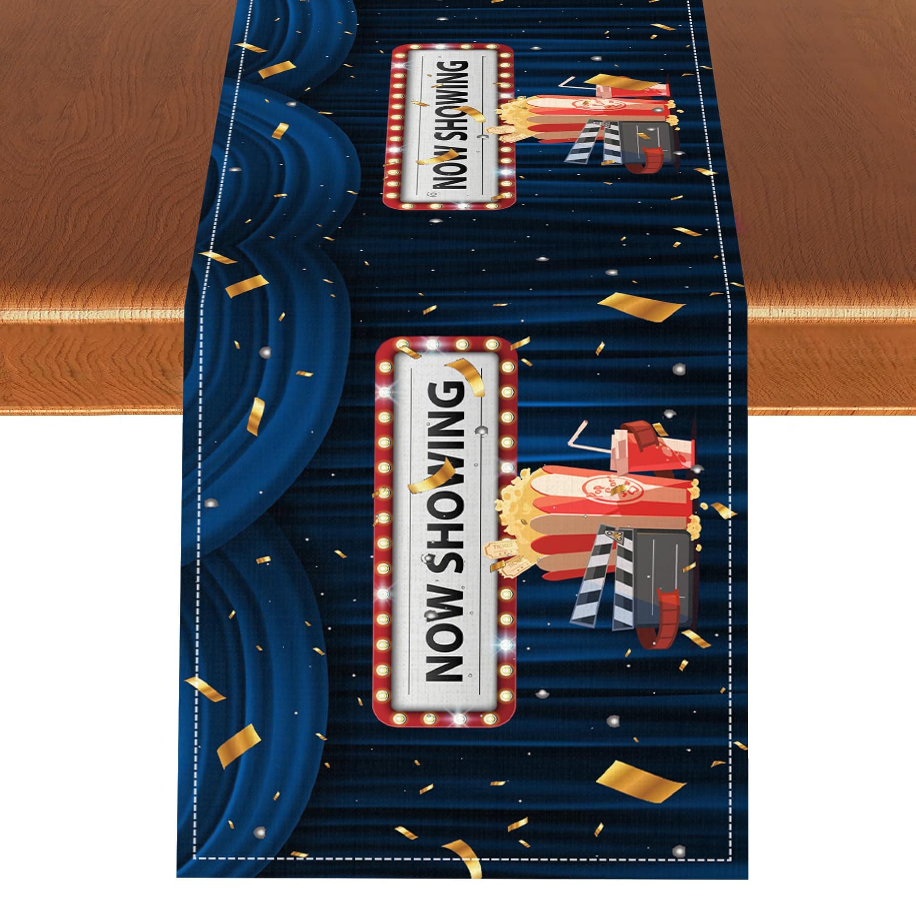 Movie Night Table Runner, Retro Movie Theme Vintage Now Showing Golden Film Tape Popcorn Kitchen Dining Decor Table Scarf for Holiday Living Room Home Party Decor 13x72 inch