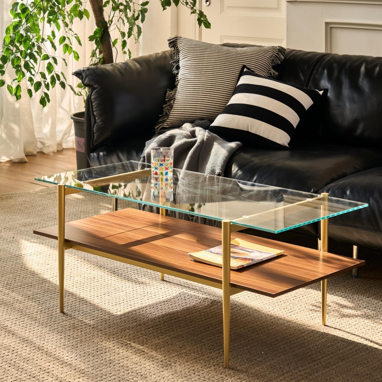 Saint Mossi Tadio Glass Coffee Table for Living Room, 2-Tier Middle-Century Tea Table for Storage, Clear Glass & Coffee Brown Bottom Shelf, (L) 41" x (W) 21" x (H) 17"