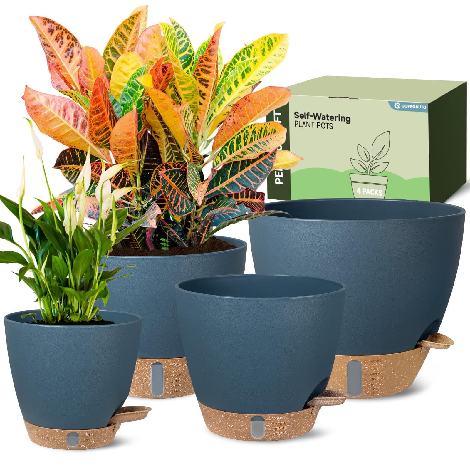 Self-Watering Pots for Indoor Plants 4 Pack, 6/8/10/12 Inch Outdoor Planters with Water Level Indicator&Deep Reservoir, Decorative Flower Pots for Indoor Plants,Home Decor (Blue, 12+10+8+6 inch)