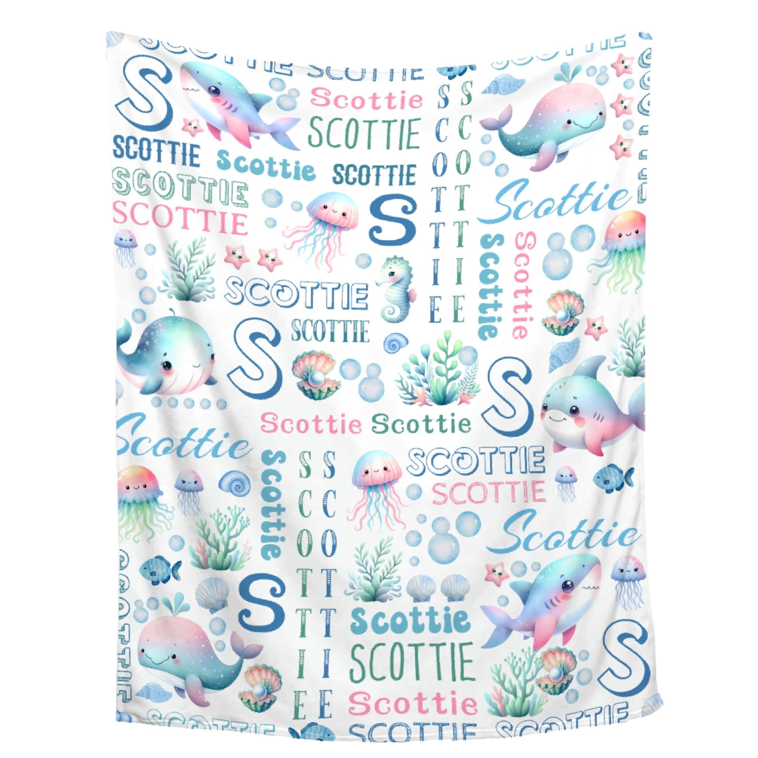 Thuswarm Personalized Baby Blanket for Girls Boys Kids Oceans Shark Custom Baby Blanket with Name Throw Birthday Gift for Toddlers Infants Shower Newborns Nursery Stroller Crib Bed Decor
