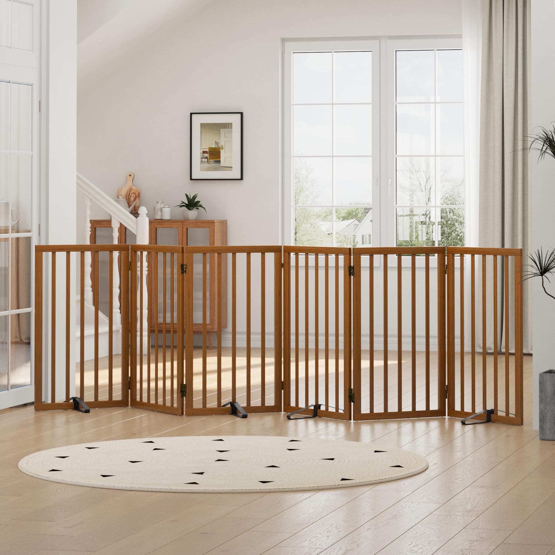 Dog Gate, Freestanding Tall Dog Gates for Doorways, Foldable Dog Gate Indoor, Pet Gates for Doorways Bedroom, Puppy Gate with Metal Support Feet, Room Divider,6 Panels (Walnut)