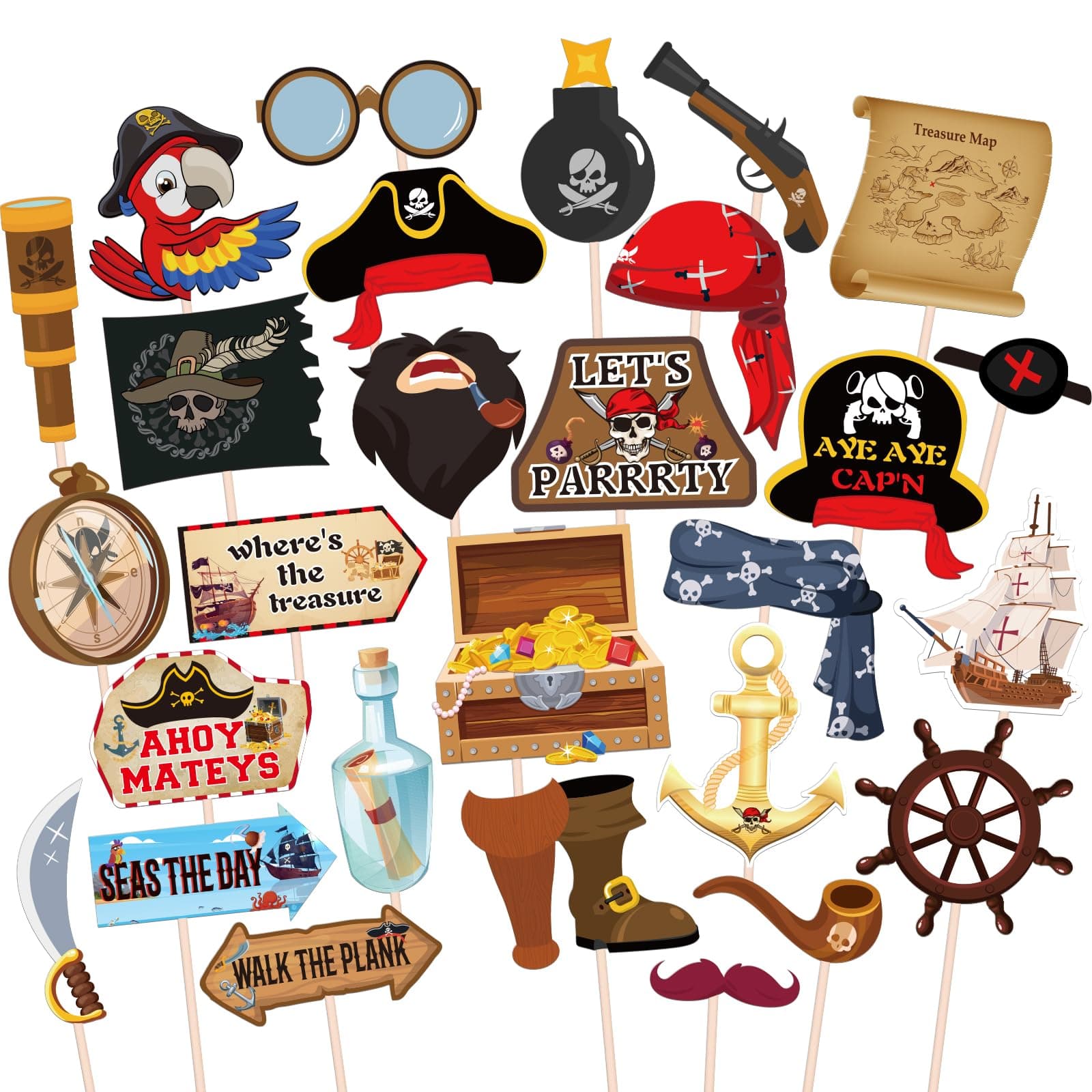 Maicaiffe Pirate Theme Photo Booth Props - 28 Pcs Reunions Birthday Party Selfie Props Favors Supplies - Treasure Skull Party Centerpiece Sticks - Navigation Party Decorations