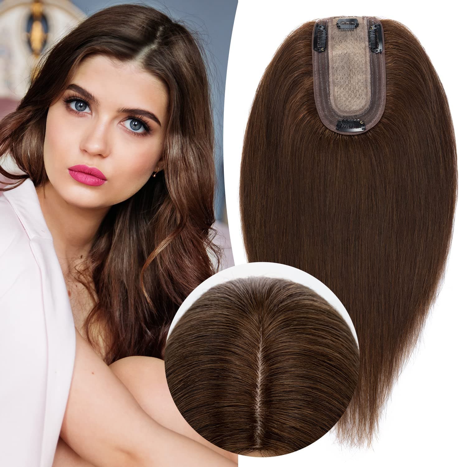 Hairro Hair Topper 100% Real Human Hair Toppers for Women 13x7cm Silk Base no Bangs 12 inch Medium Brown