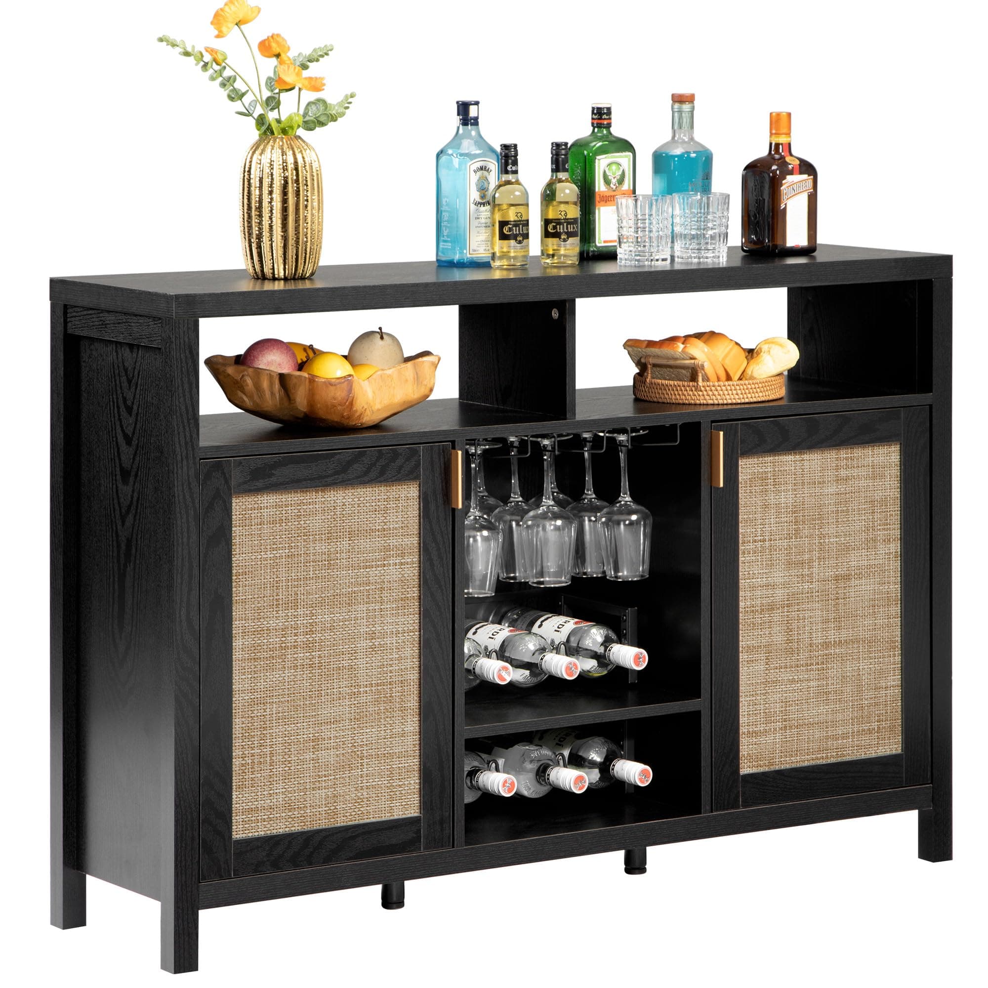 SICOTAS Rattan Coffee Bar Cabinet with Wine Racks & Metal Stemware Holders