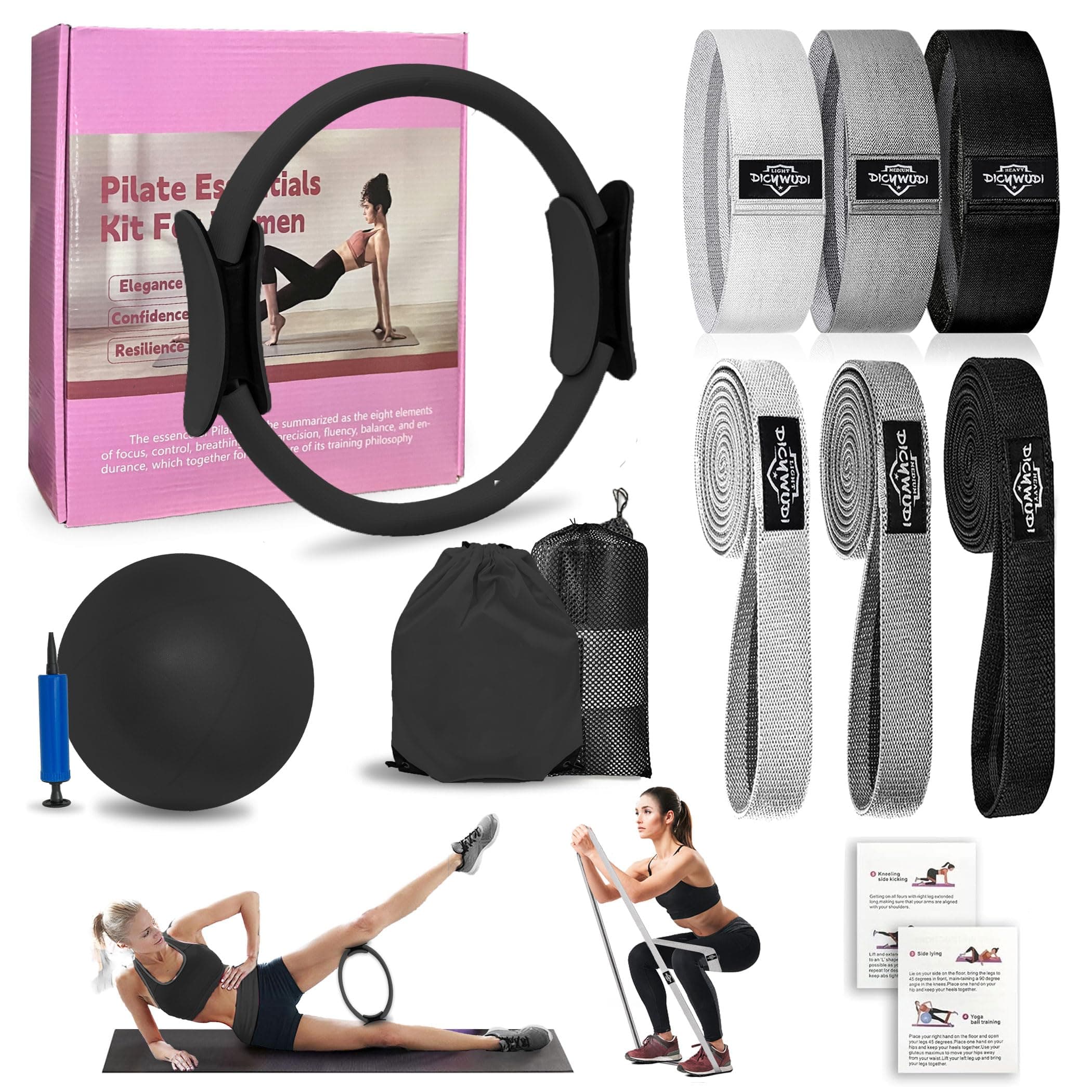 DICYWUDI Pilates Essentials Kit for Home Women, Pilates Equipment for Workouts, 6 Fabric Resistance Bands, 12 Inch Magic Circle Yoga Ring, Mini Exercise Ball, Great Exercise Equipment