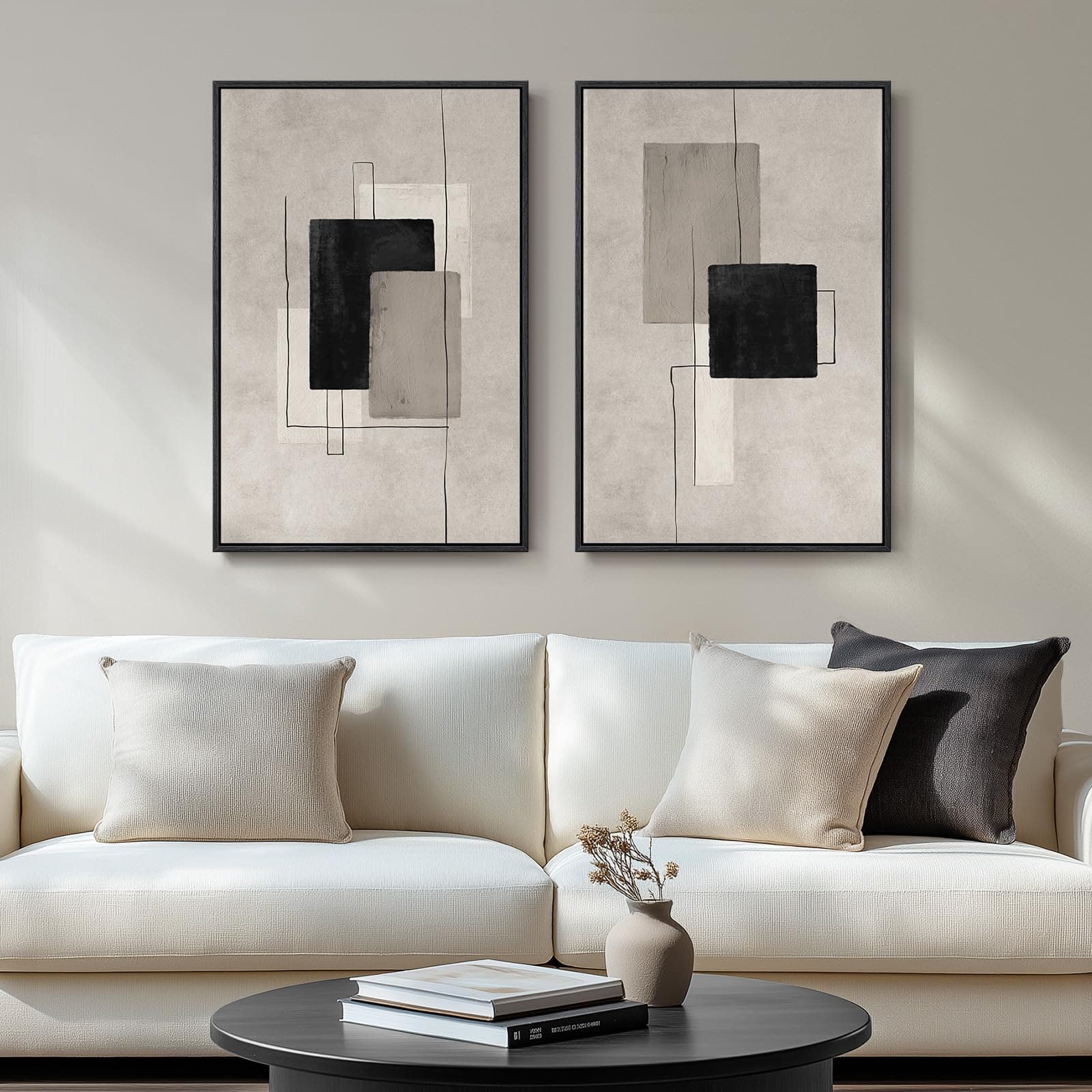 Large Framed Neutral Abstract Wall Art for Living Room, Set of 2 Black and Beige Modern Canvas Prints Paintings Artwork for Walls, Minimalist Block Lines Pictures for Hallway Office Wall Decor 24x36 In