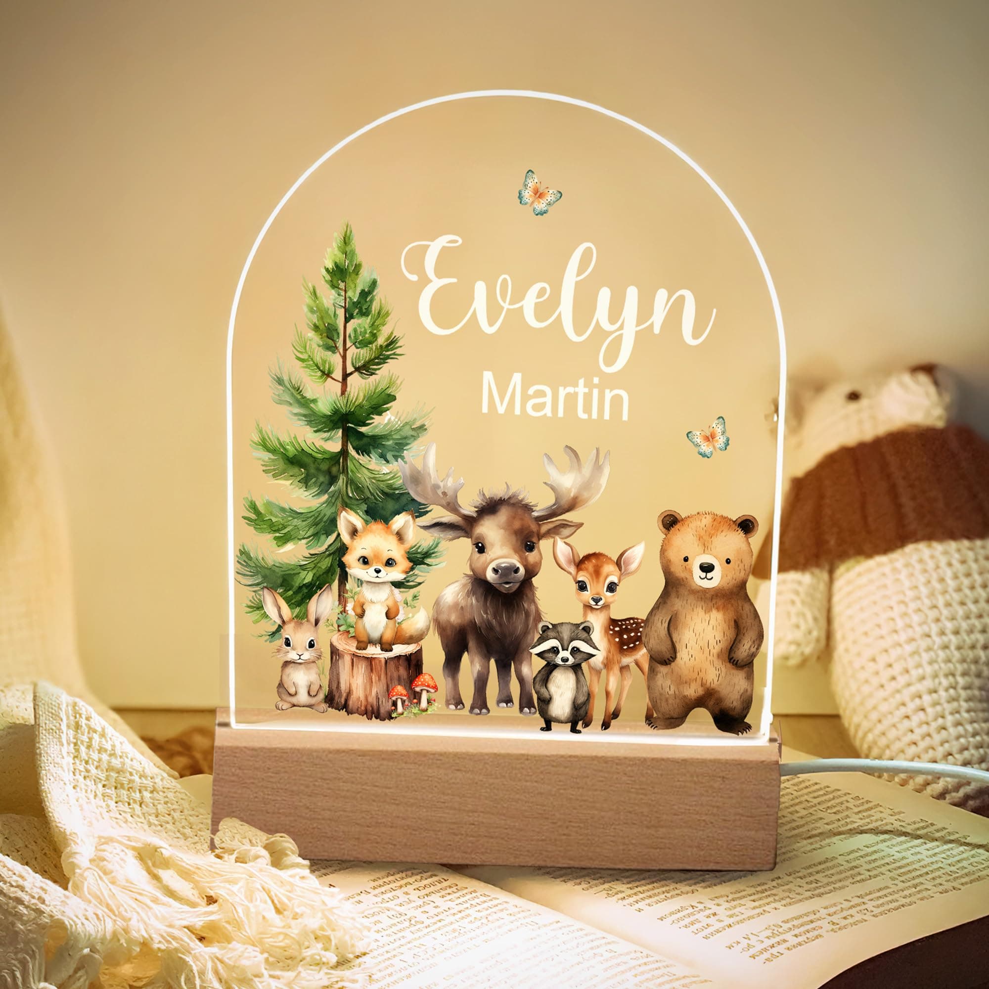 callie Acrylic Night Light Name Plate Personalized, Custom Cute Animal Dog Cat with Wooden Base Bedroom Decor, Birthday Gifts Kid Gifts for Family (Jungle Animal)