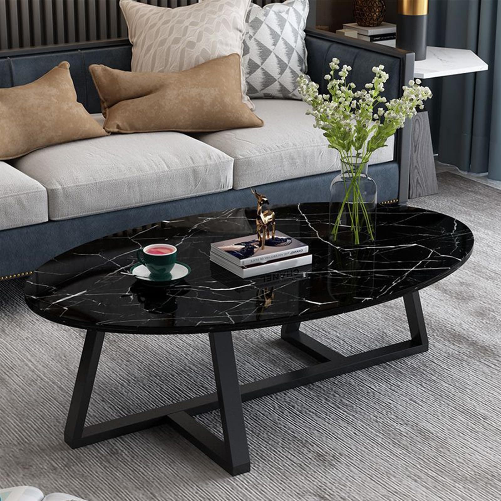 KRAJONO Modern Oval Coffee Table Faux Marble Top with Metal Legs Sturdy Durable Large Storage Space Versatile and Practical Easy to Assemble for Living Room Balcony and Dining Room (D)