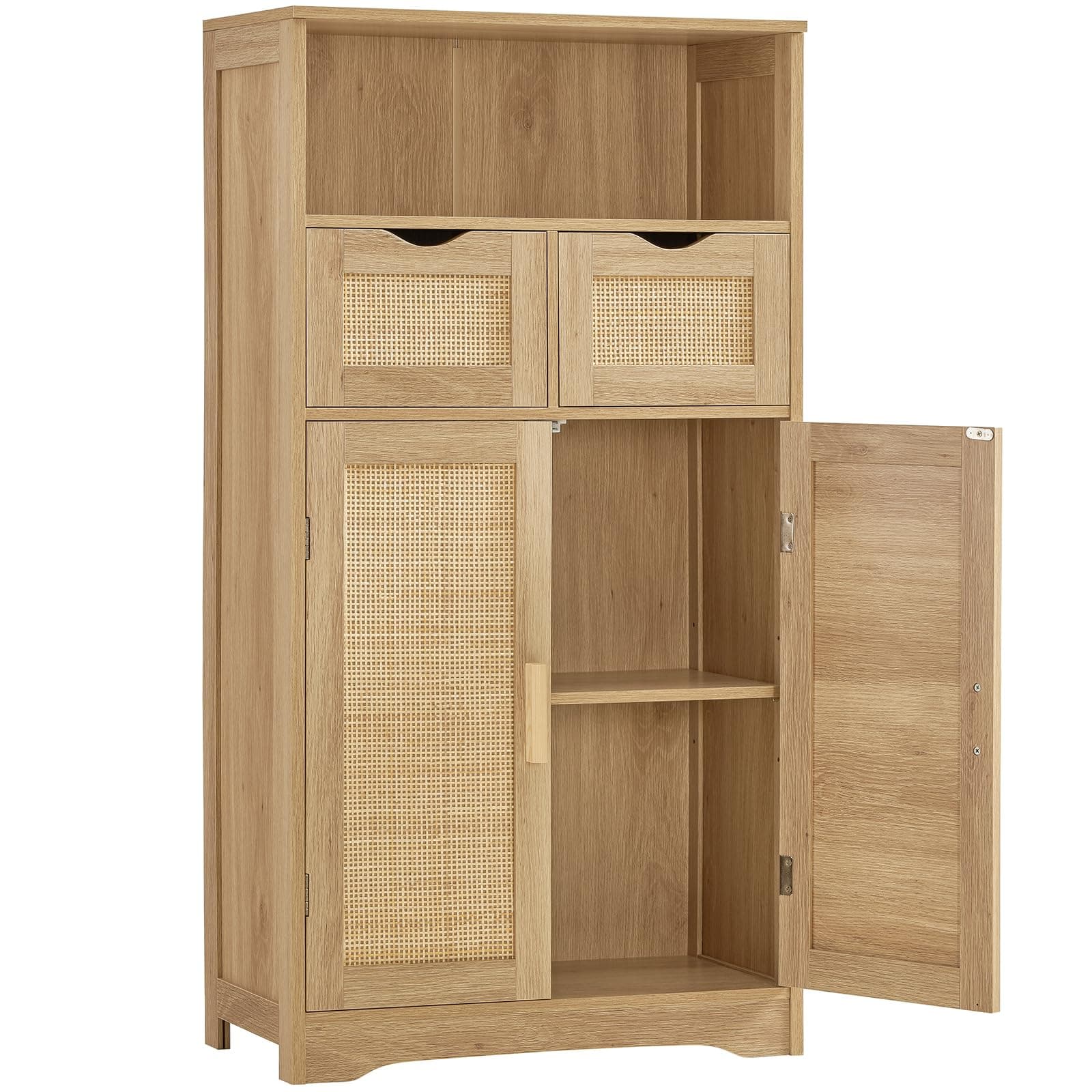 Rattan Cabinet, Storage Cabinet with 2 Drawers & Adjustable Shelves, Cupboard for Living Room, Dining Room, Entryway, Natural