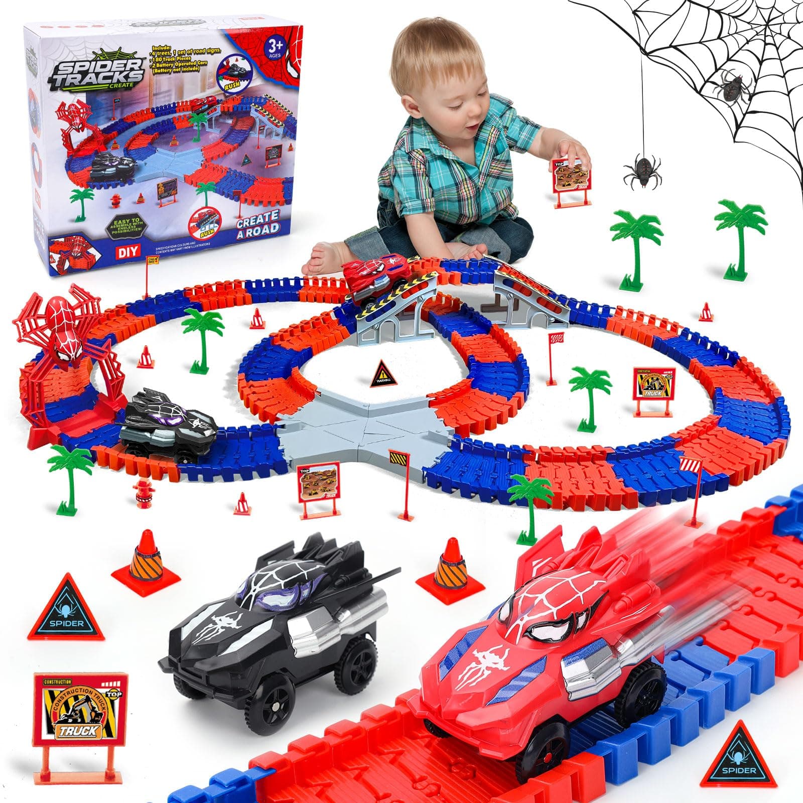 Spider Toys Race Car Track Set 212 PCS for Kids Ages 3-8, Interactive Building Toy with Monster Truck and Car Ramps, Educational STEM Learning Gift for 3 4 5 6 Year Old Boys and Girls