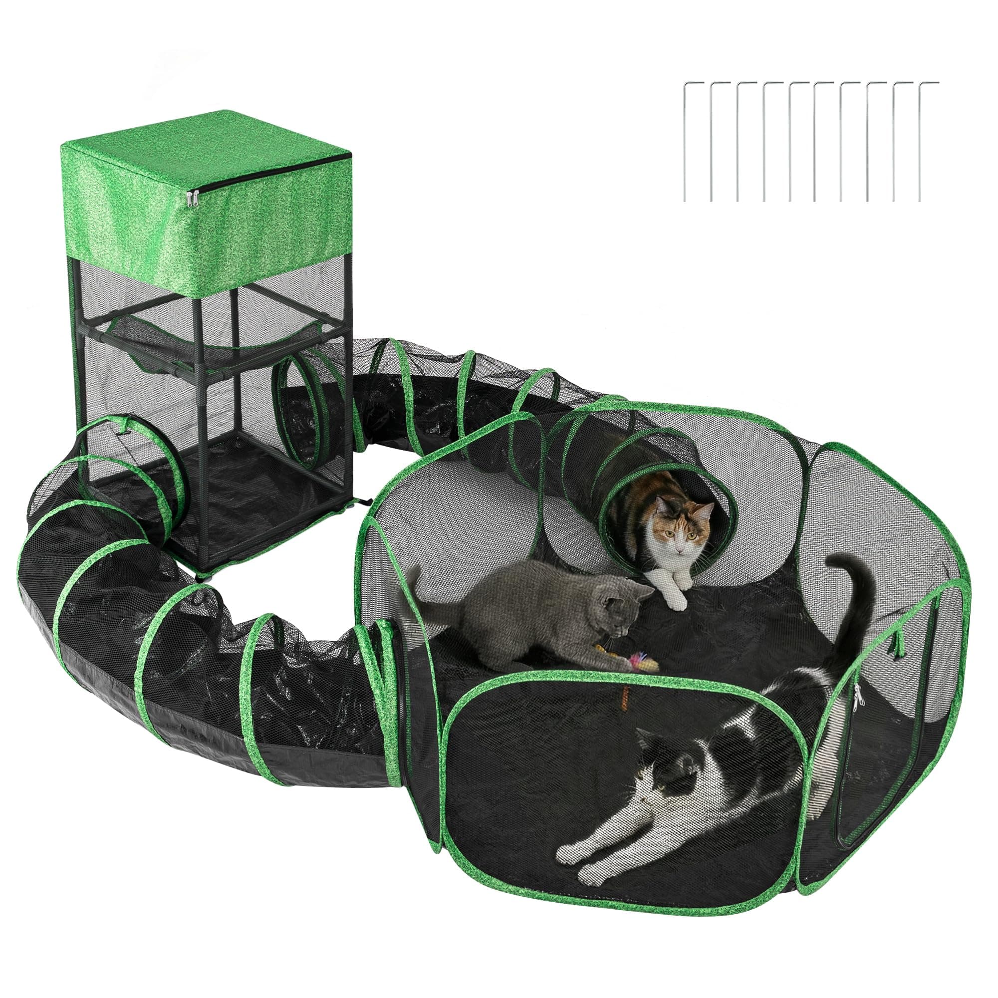 4-in-1 Portable Enclosure - Pet Playpen & Cat Tent for Cats, Rabbits, Small Dogs, with Tunnel, Hammock & Waterproof Base for Indoor & Outdoor Use