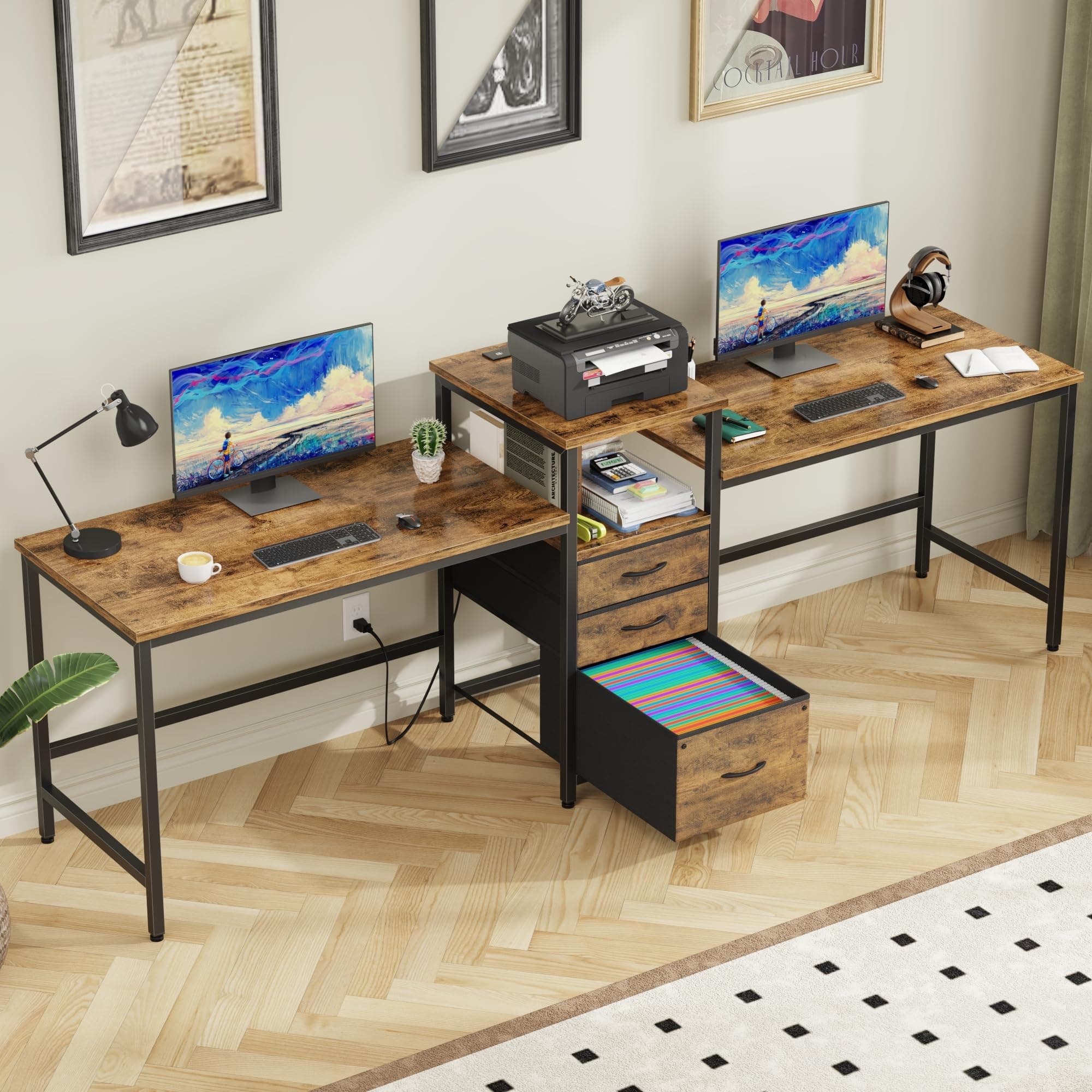 GYIIYUO 93'' Two Person Desk with Charging Station & 3 Drawer