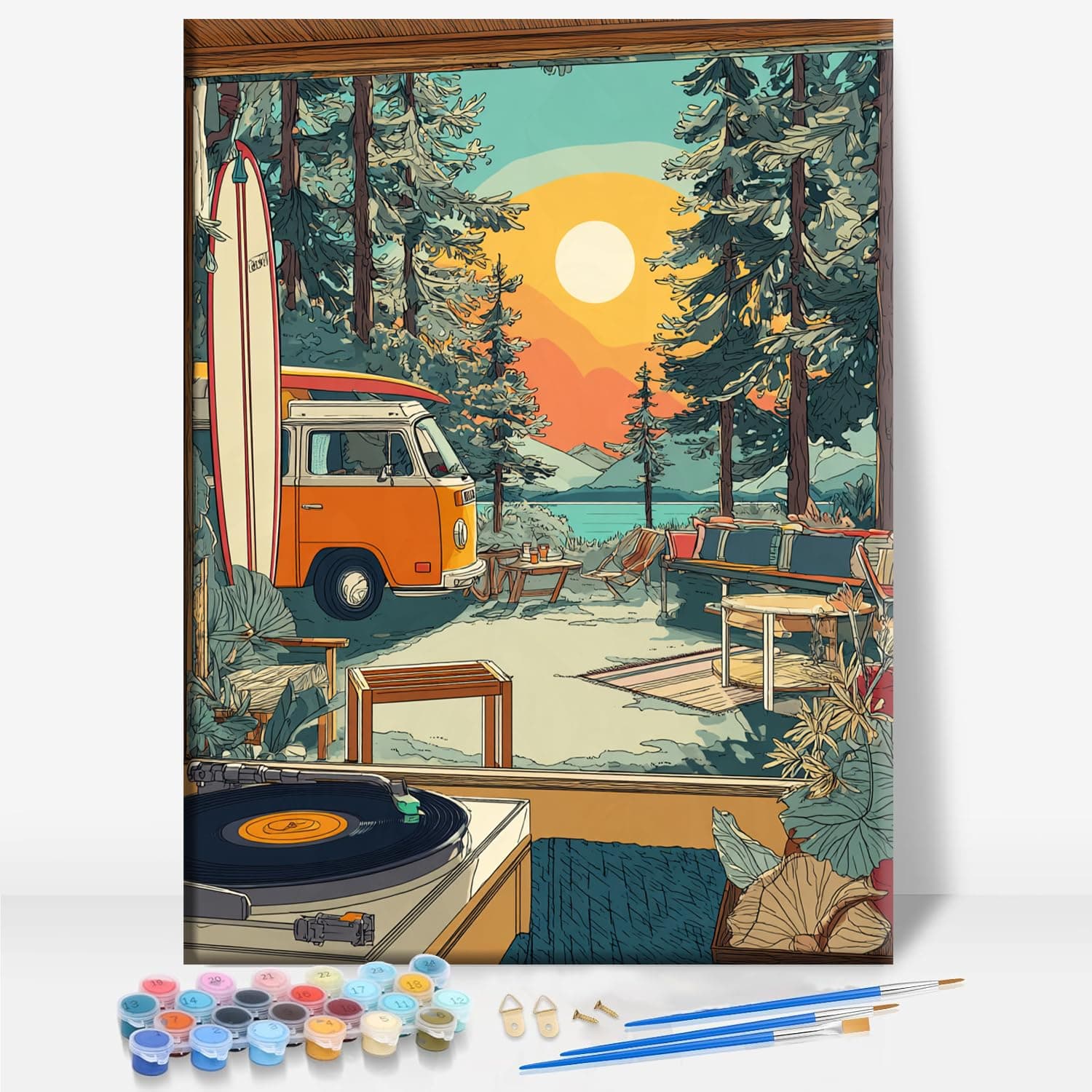 SUMMER CAMPING TIME Framed Canvas DIY Paint by Numbers Kit Bar Cafe Cave Home Room Wall Bathroom Porch Patio Decor Gift, 16 x 12 Inch