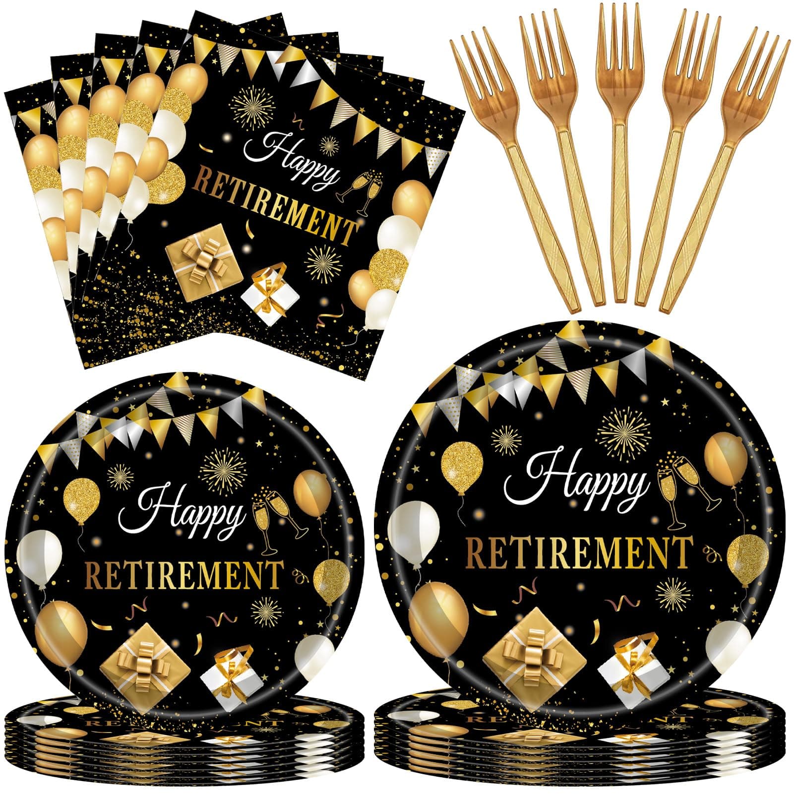 96 PCS Retirement Party Decorations for Men Women Happy Retirement Plates Napkins Set Black and Golden Disposable Dinnerware Tableware for Going Away Retired Farewell Party, Serve 24 Guests