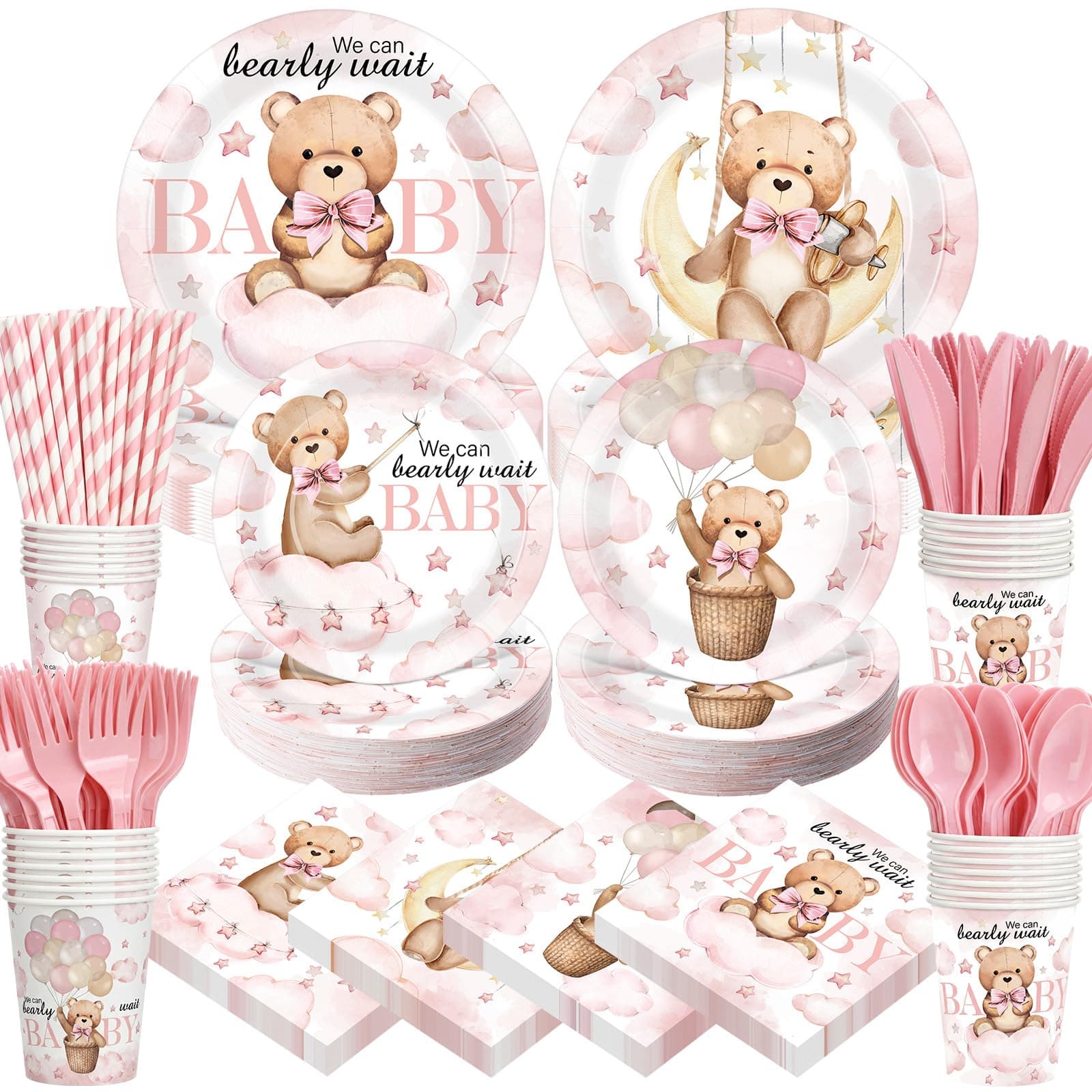 Widecook 450 Pieces Pink Bear Baby Shower Tableware Set with "We Can Bearly Wait" Decoration Paper Plates Napkins Cups Cutlery Straws for Baby Shower Pink Reveal