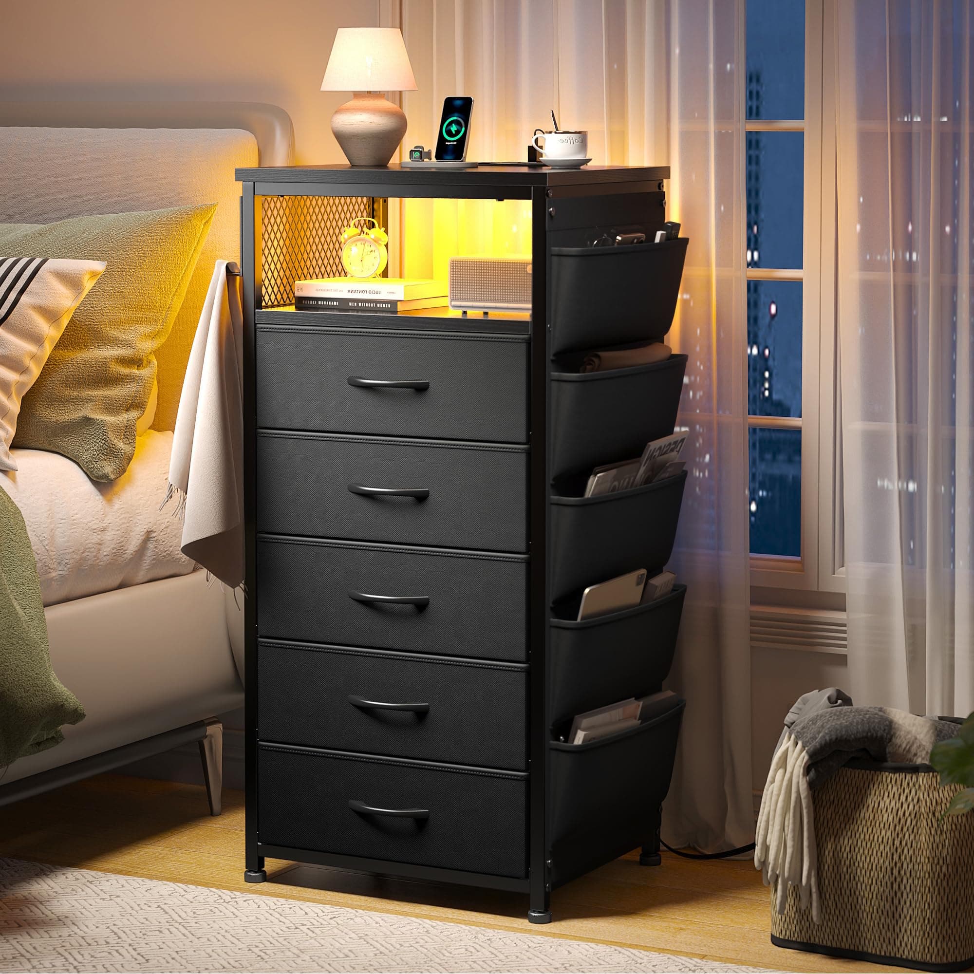 EnHomee Night Stand with 5 Drawers, Black Dresser with Charging Station and LED Light, Tall Nightstand with Extra Side Bag & Hooks, Bedroom, Closet, Hallway, Entryway, Black