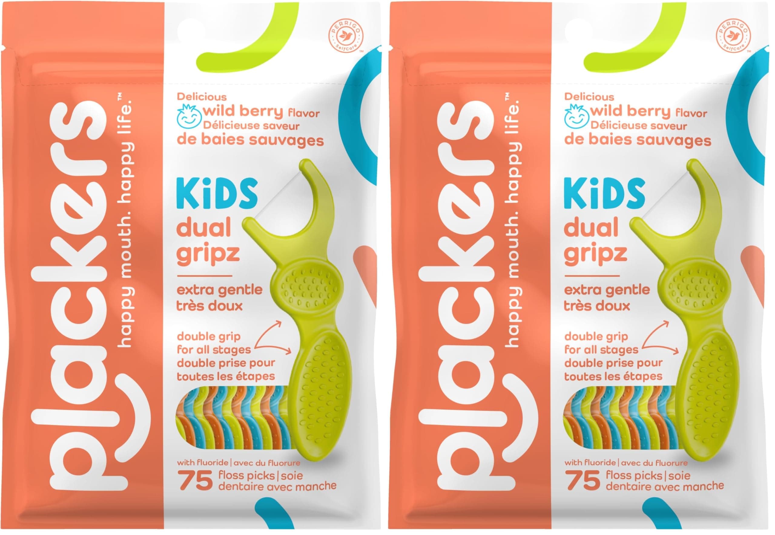 Plackers Kids Dual Gripz Floss Picks with Double Grip handle, Wild Berry Flavor, Colorful Floss Picks for Kids of All Ages, 75 Count (Pack of 2)