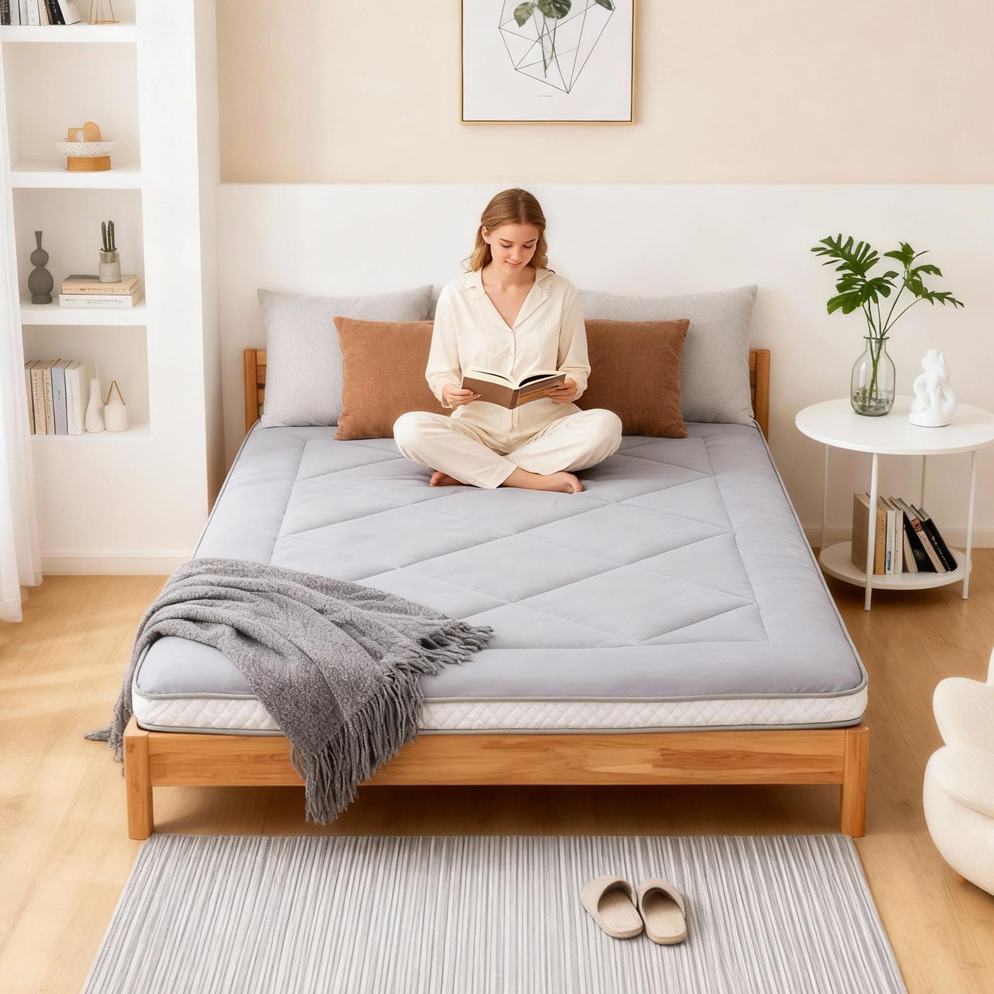 Welnow Japanese Futon Floor Mattress, Thick Full Size Tatami Mat Portable & Foldable Roll Up Floor Bed Mattress with Storage Bag, Sleeping Pad for Adults, Dorm, Guest Bed, Camping and Travel, Grey