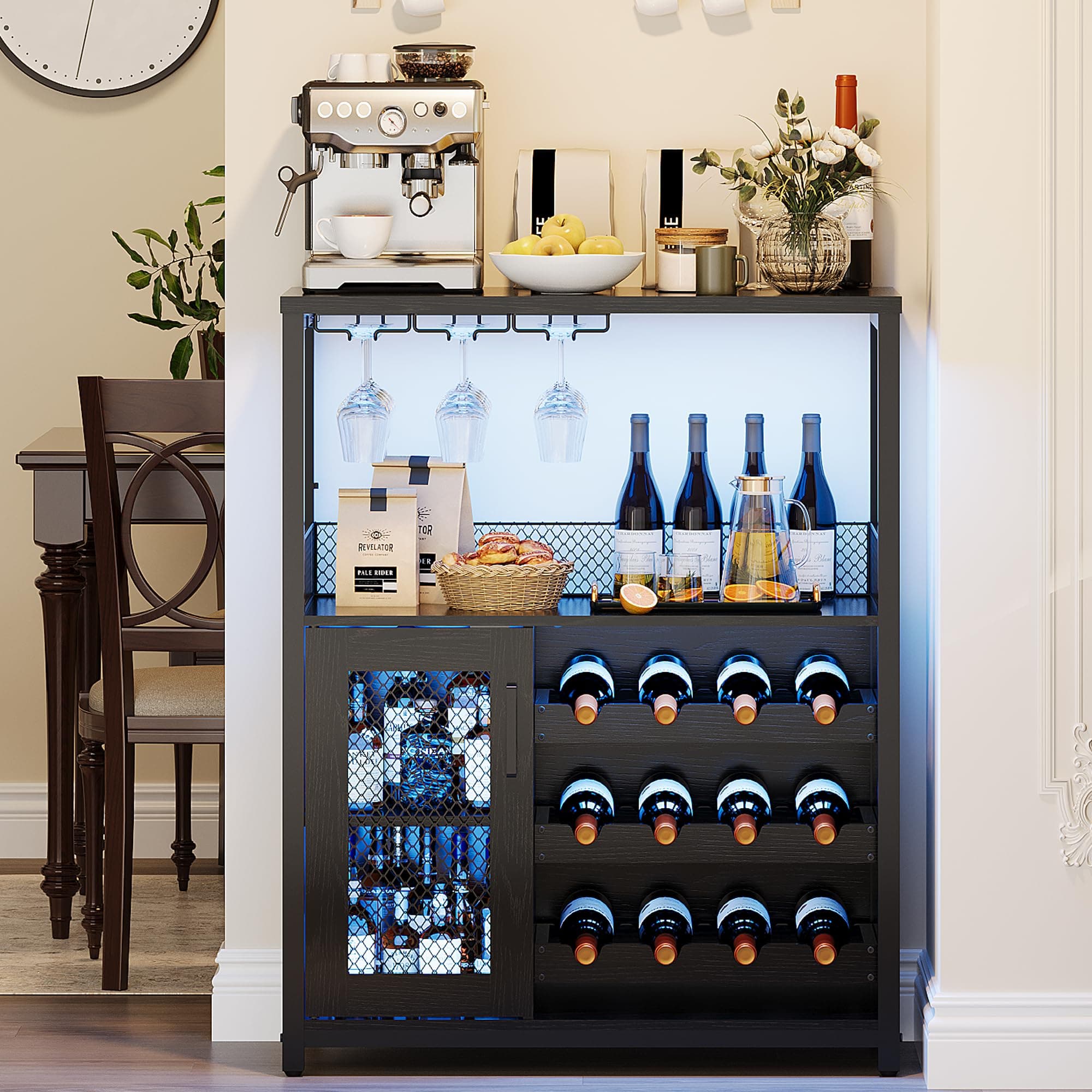SunnyFurn Bar Cabinet, Wine Rack Cabinet with Detachable Wine Rack, Adjustable Shelves Coffee Bar Cabinets with Mesh Door and Baffle Design, 36 in Tall, for Home, Kitchen, Dinning Room, Black