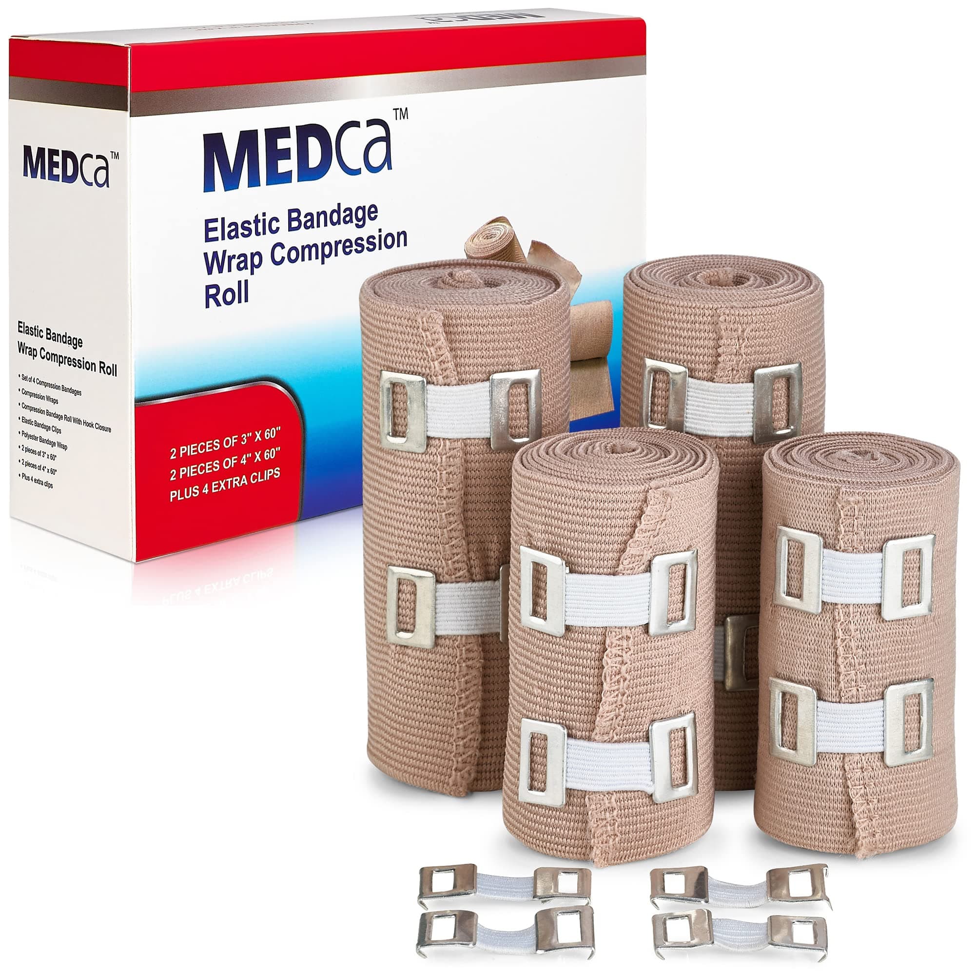 Elastic Compression Bandage - Premium Quality (Set of 4) With Hooks Athletic Sport Support Tape Rolls Ankle Wrist Bandages Measure (2) - 4" x 5ft (2) - 3" x 5ft