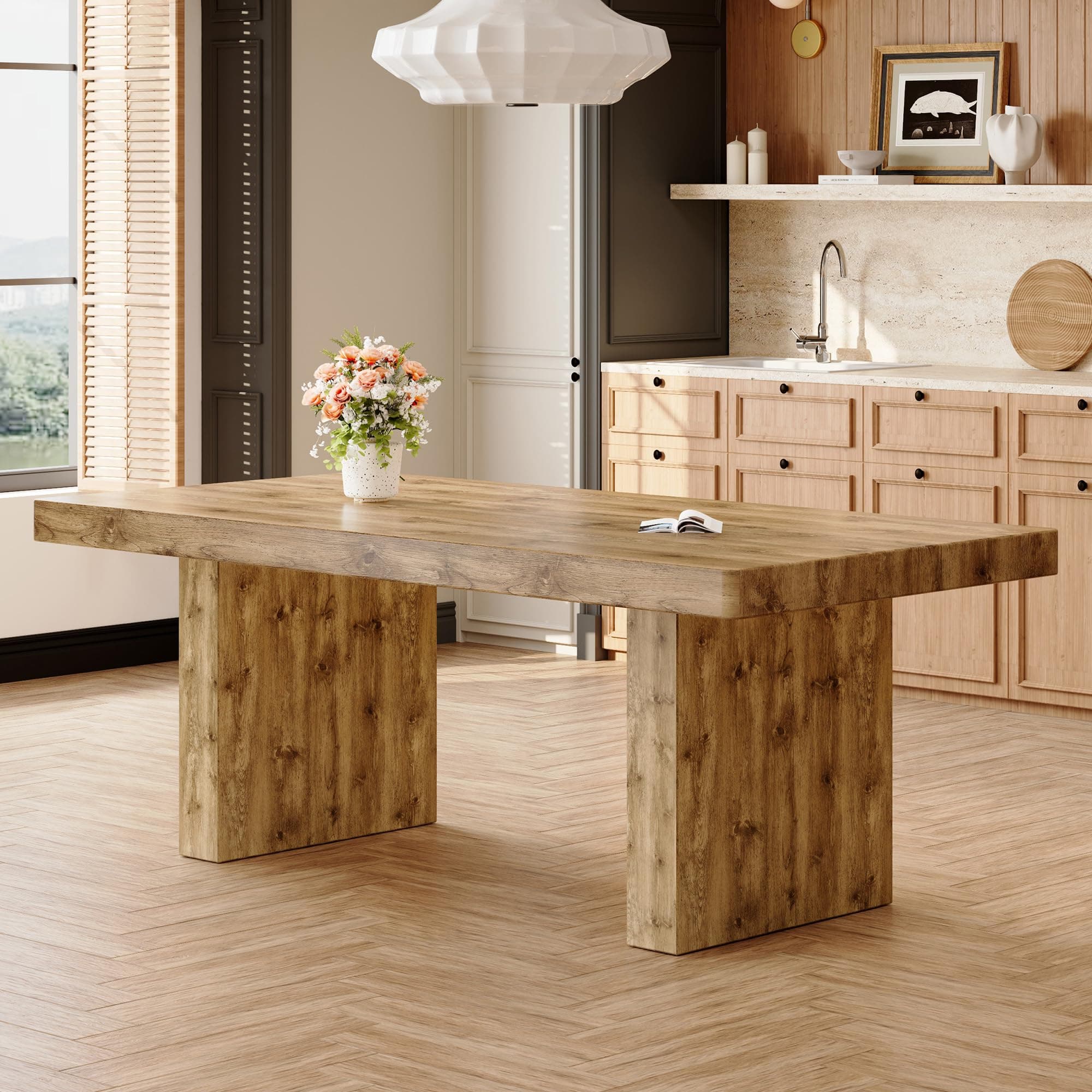 Ebullient Wood Dining Table for 6-10, 79'' Farmhouse Dining Table with 3.5'' Thick Wooden Top, Large Modern Rectangle Kitchen Table for Office, Dining Room, Wood Grain Table Only