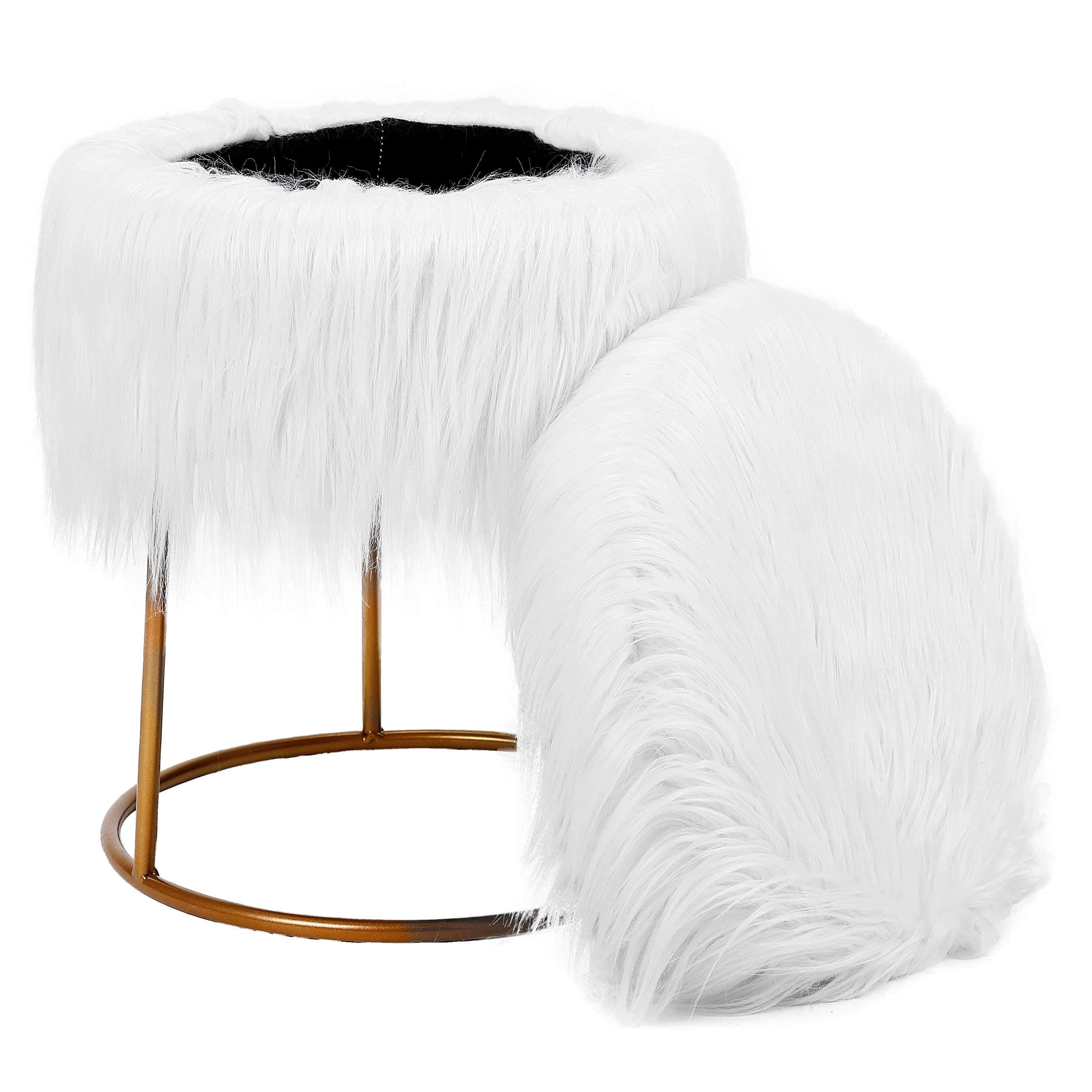 BirdRock Home Round White Faux Fur Foot Stool Storage Ottoman with Pale Gold Legs - Vanity Chair - Soft Compact Padded Seat - Bedroom and Kids Room Chair - Metal - Fluffy Makeup Seat
