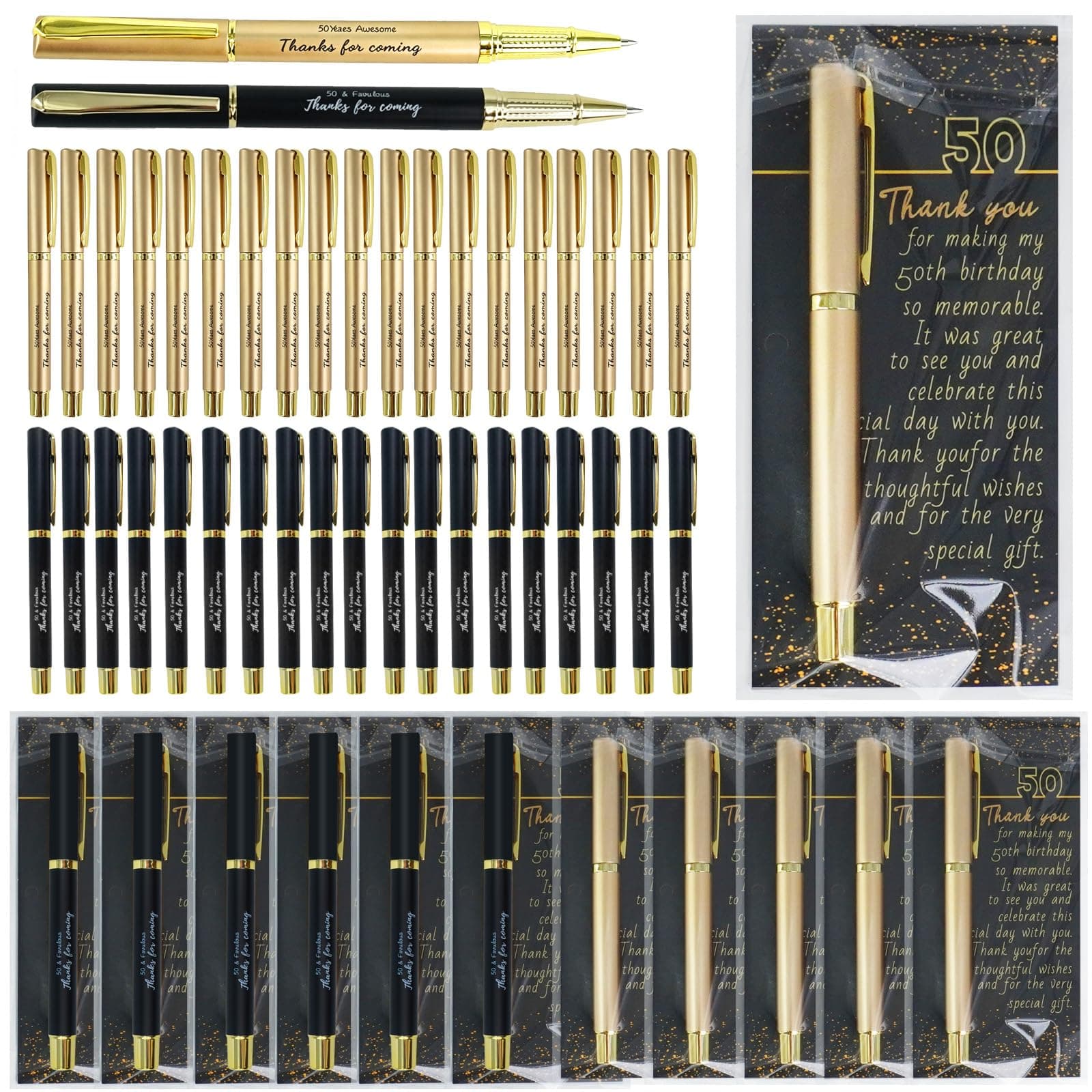 CONEHOY 52 Set 50th Birthday Party Favor Anniversary Party Favor with Thank You Cards, Black and Gold Ballpoint Pens, Bags, Cable Ties for Guest Men Women Birthday Anniversary Appreciation Gifts