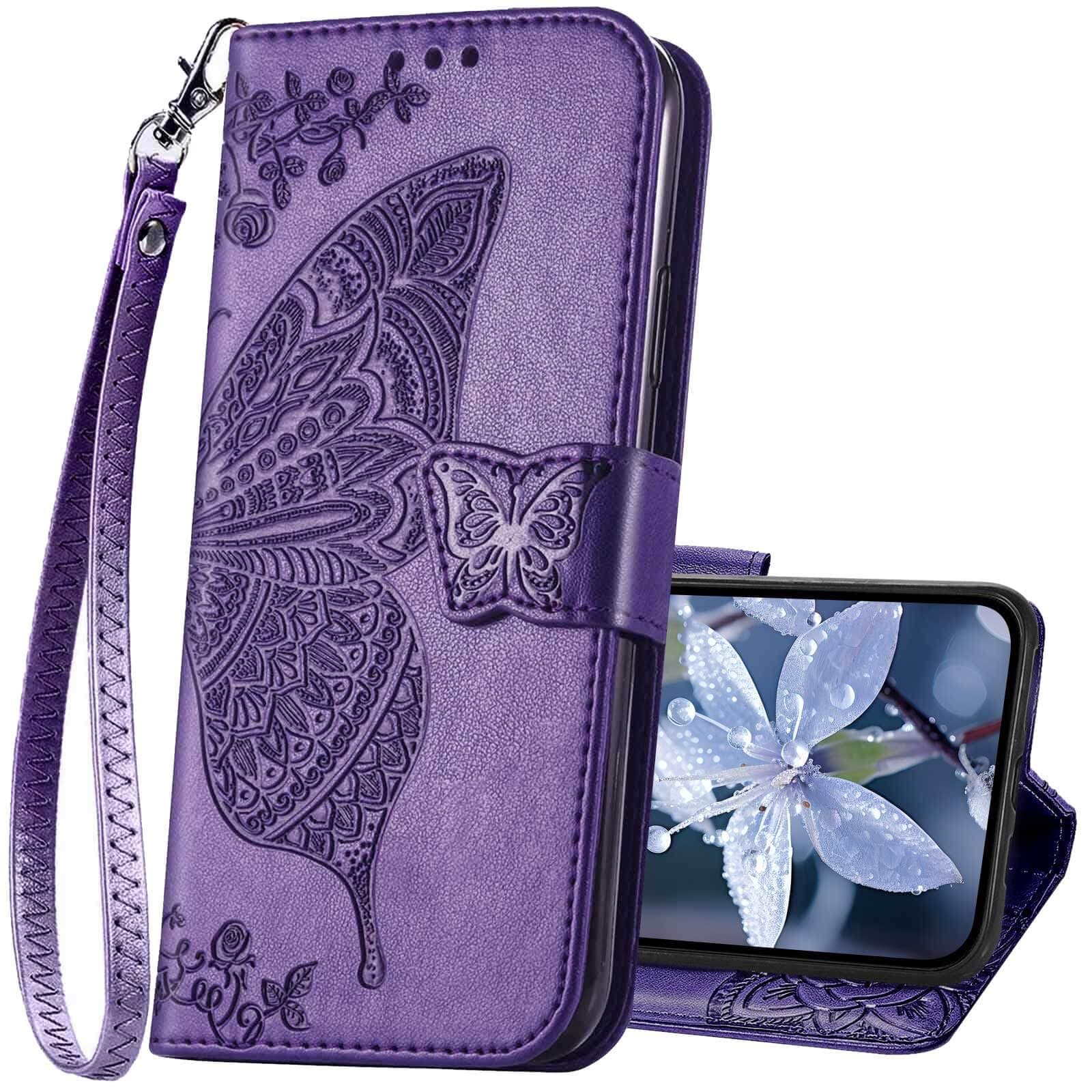 KRHGEIK for iPhone 16E Wallet Case 2025,Women Flip Folio Cover with Butterfly Embossed PU Leather Credit Card Holder Slots Magnetic Detachable Wrist Strap Protective Cover (Purple)