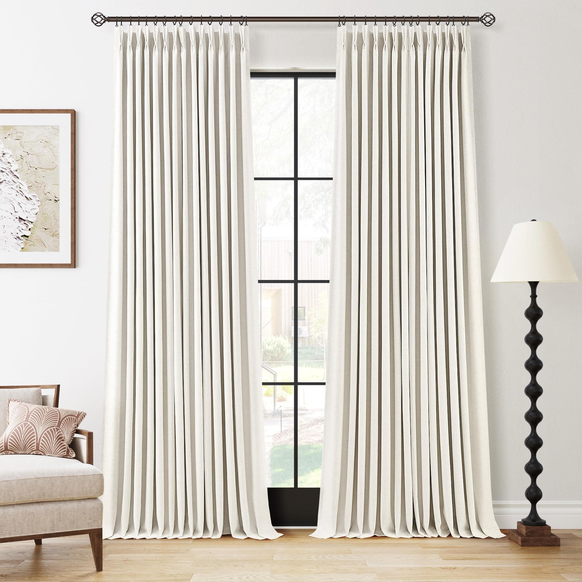 100% Pinch Pleated Blackout Linen Curtains 90 Inches Long 2 Panels Set Room Darkening Thermal Insulated Curtain for Living Room Bedroom Natural Boho Cream Pinch Pleat Double Layer Black Out Drapes