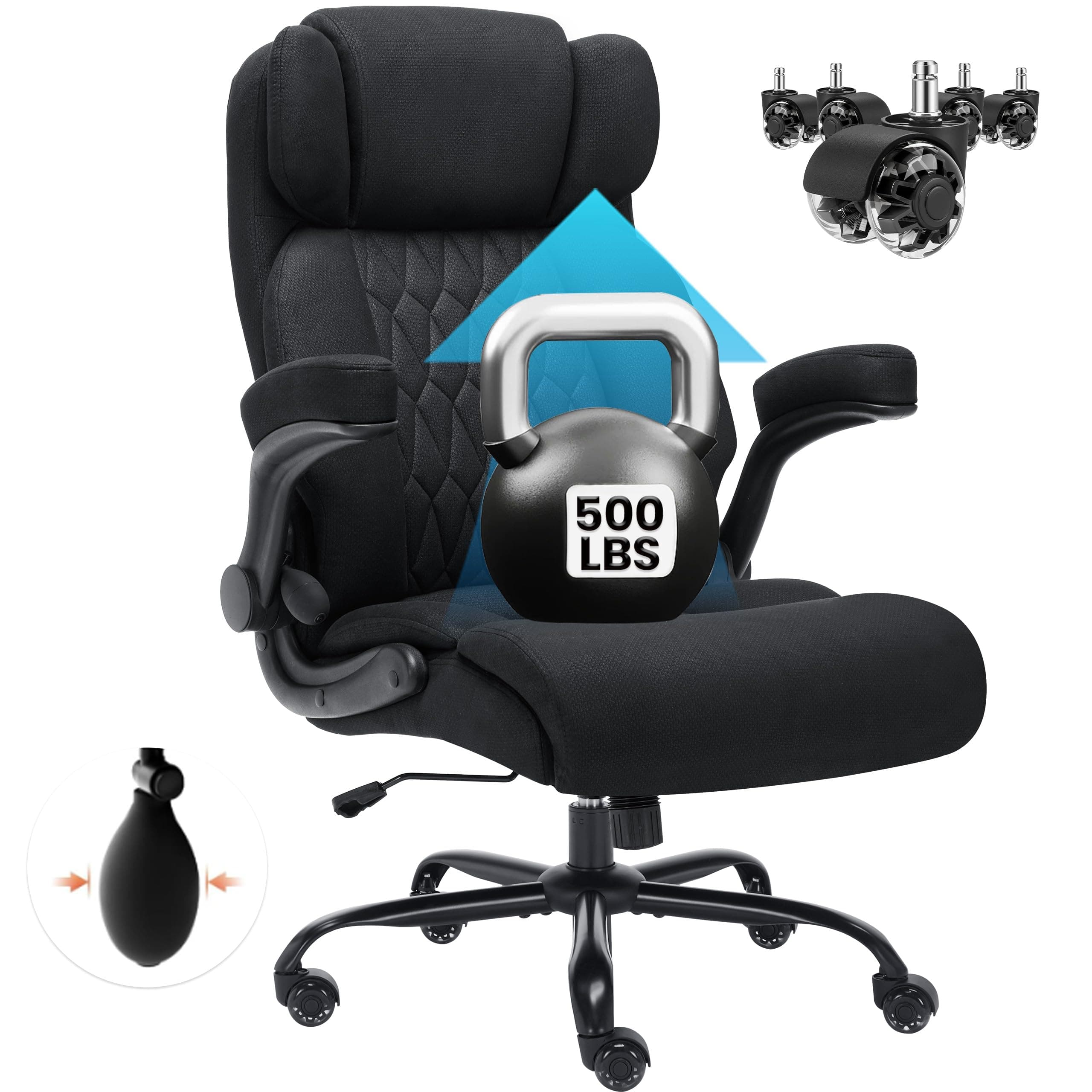 500lbs Big and Tall Office Chair Adjustable Lumbar Support for Back Pain, Extra Wide Seat Executive Office Chair Thick Armrest Pad, Heavy Duty Base Ergonomic Computer Desk Chair