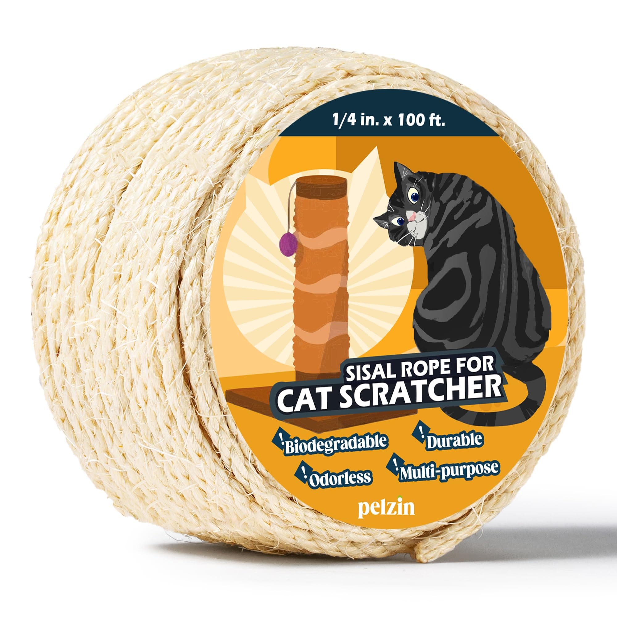 Pelzin Natural Sisal Rope for Cat Scratcher 1/4 Inch by 100 Feet, Cat Tree Rope Twine for Cat Scratching Post Replacement, Cat Tower with Scratch Post Repairing, Replace, Recovering and DIY, White