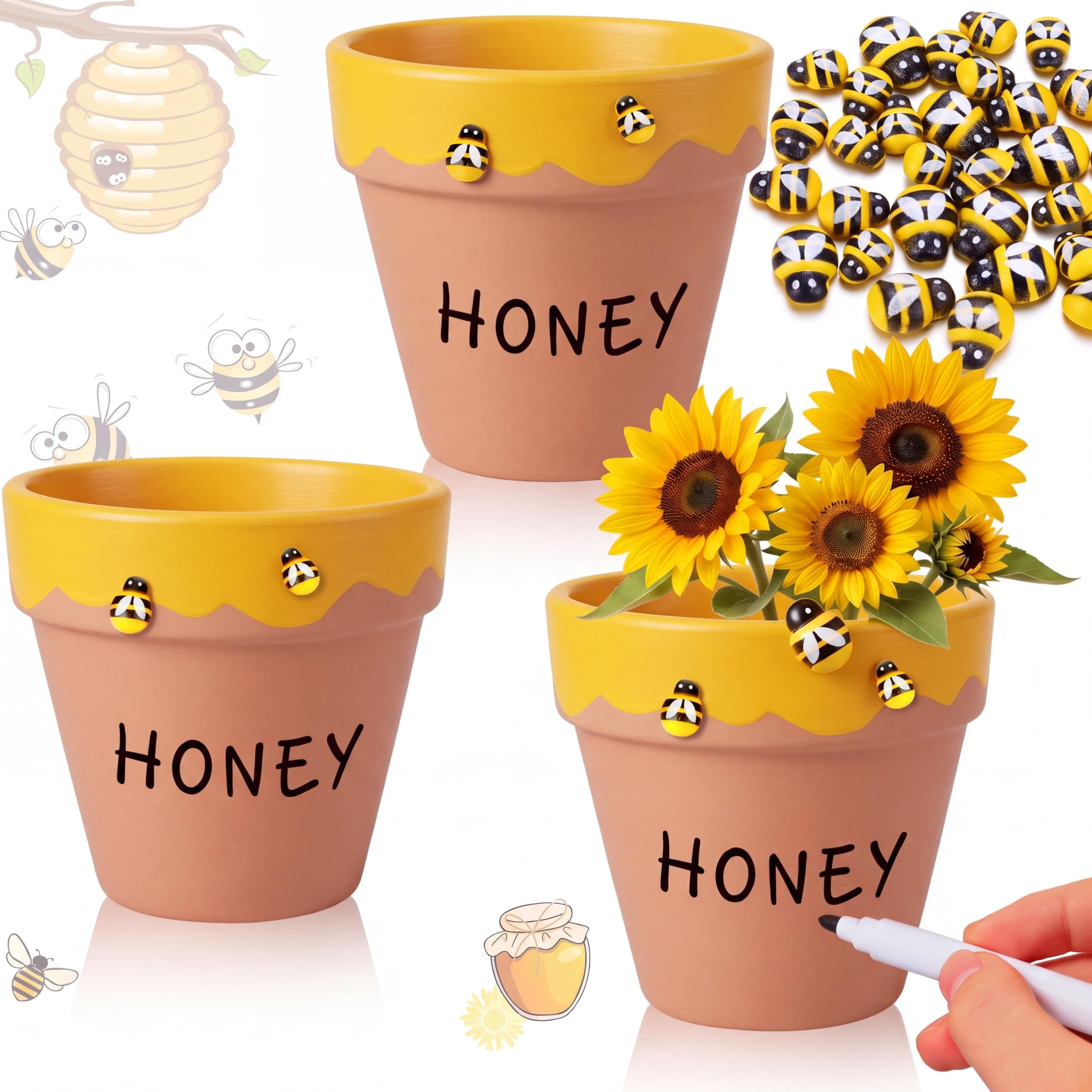 Lineshading 3 Pack 4 Inch Honey Bee Pots Bee Themed Honey Jars Red Clay Pots with Resin Bee Charms for Cute Honey Party Favor Baby Shower Birthday Decoration