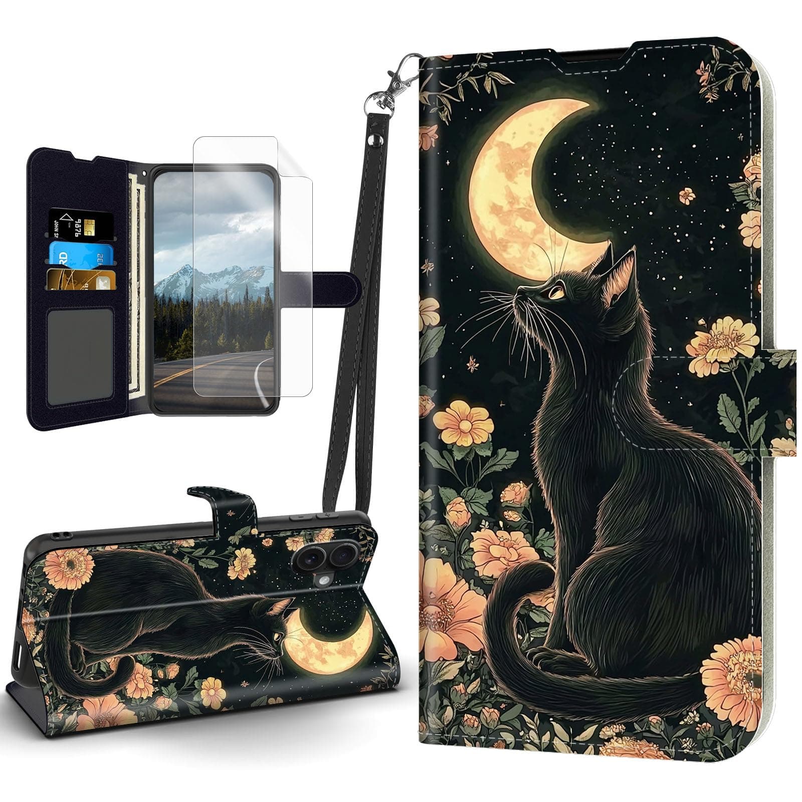 Tudguiloae for iPhone 17 Case, Flip PU Leather Shockproof Flower Garden Cat Phone Case for iPhone 17, Magnetic Clasp Phone Wallet with Card Holder Screen Protector