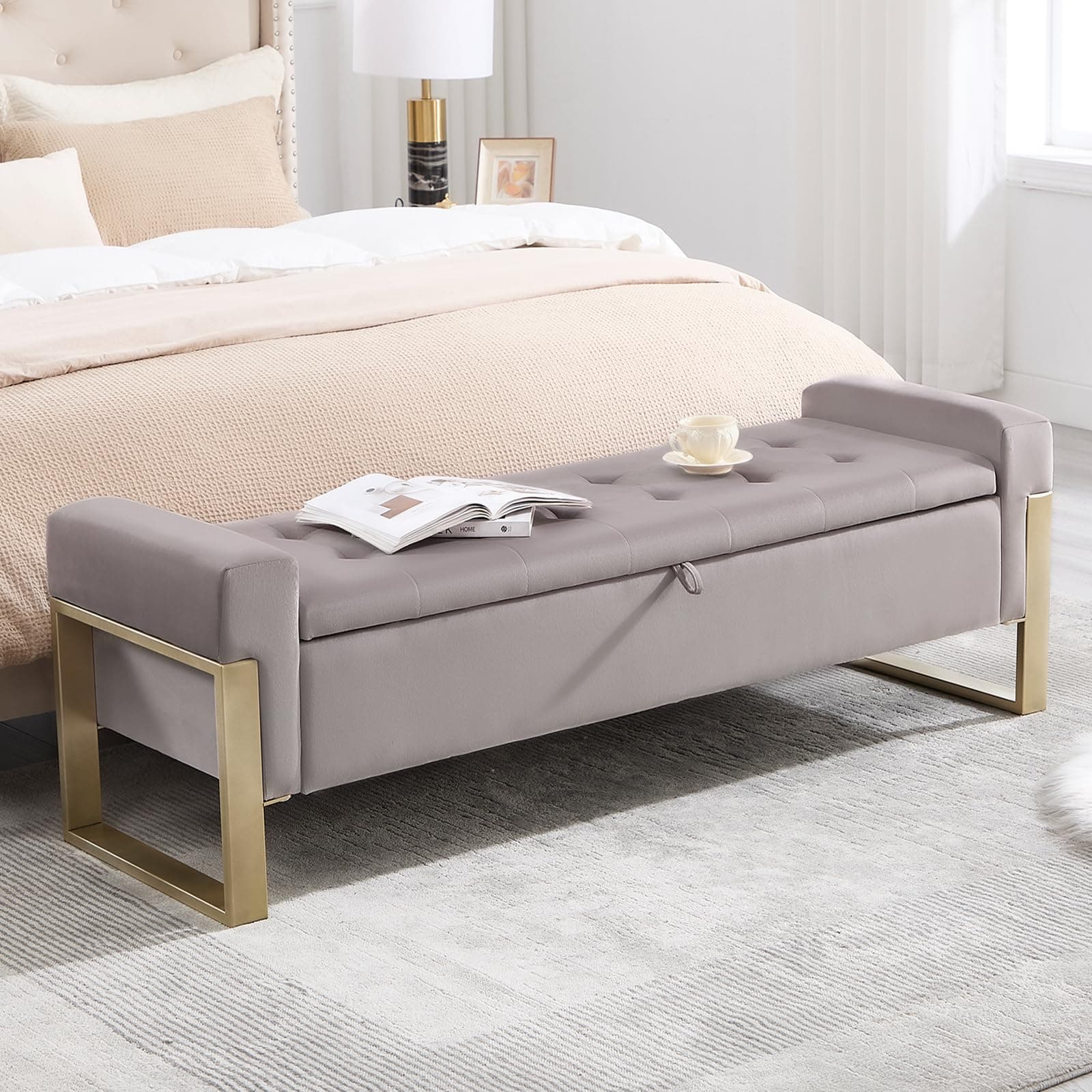 choairy 67'' End of Bed Storage Bench, Benches for Bedroom Foot of Bed King Size, Upholstered Velvet Storage Ottoman Bench with Gold Legs for Window Living Room Entryway (Khaki)
