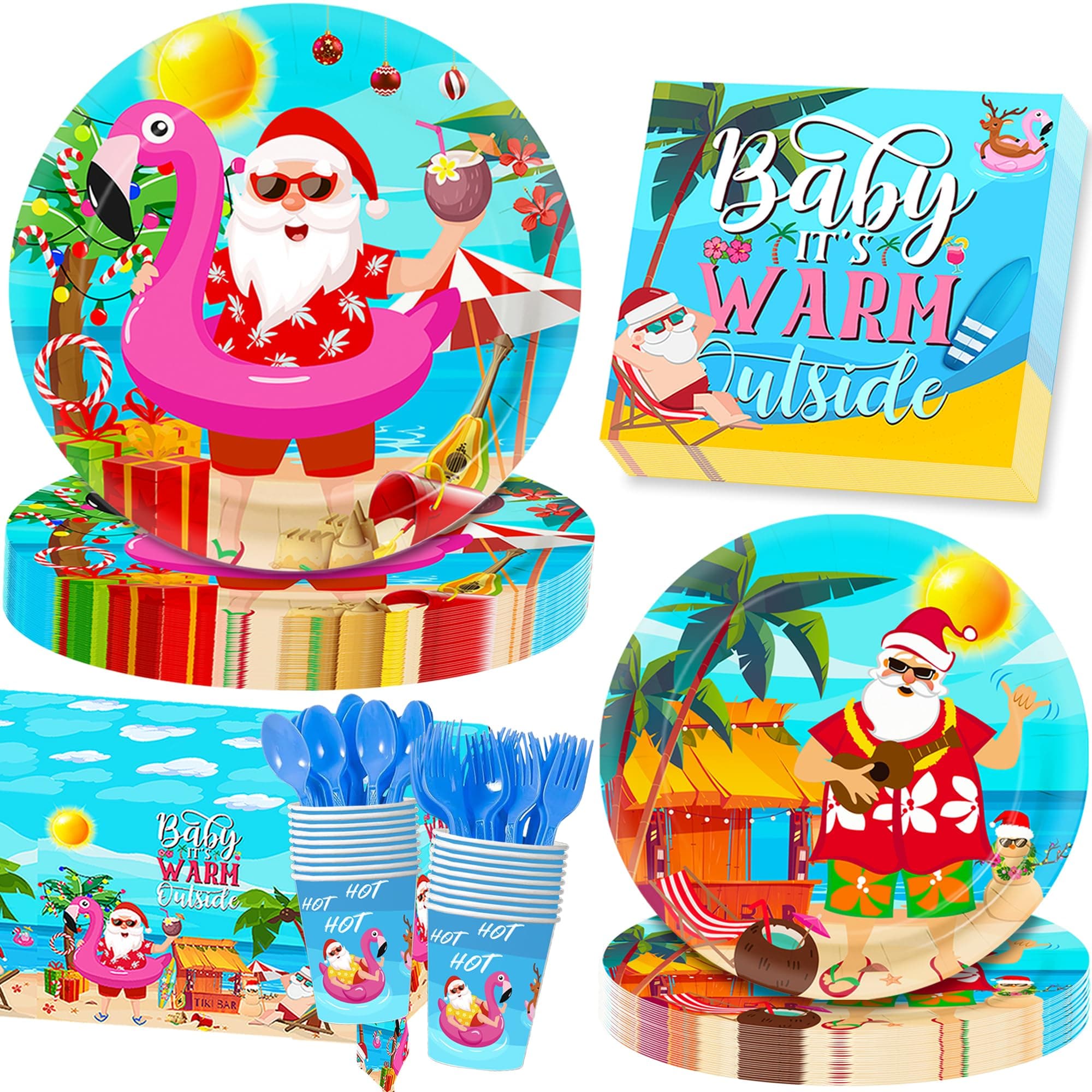 Christmas in July Decorations,151PCS Christmas in July Party Plates and Napkins Set(Serves 25),Includes Plates,Napkins,Cups,Tablecloth,Fork and Spoon for Christmas in July Hawaiian Party Decorations