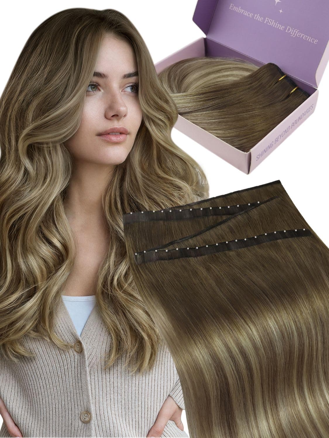 Fshine Butterfly Weft Hair Extensions Human Hair 22 Inch 50g Brown Balayage