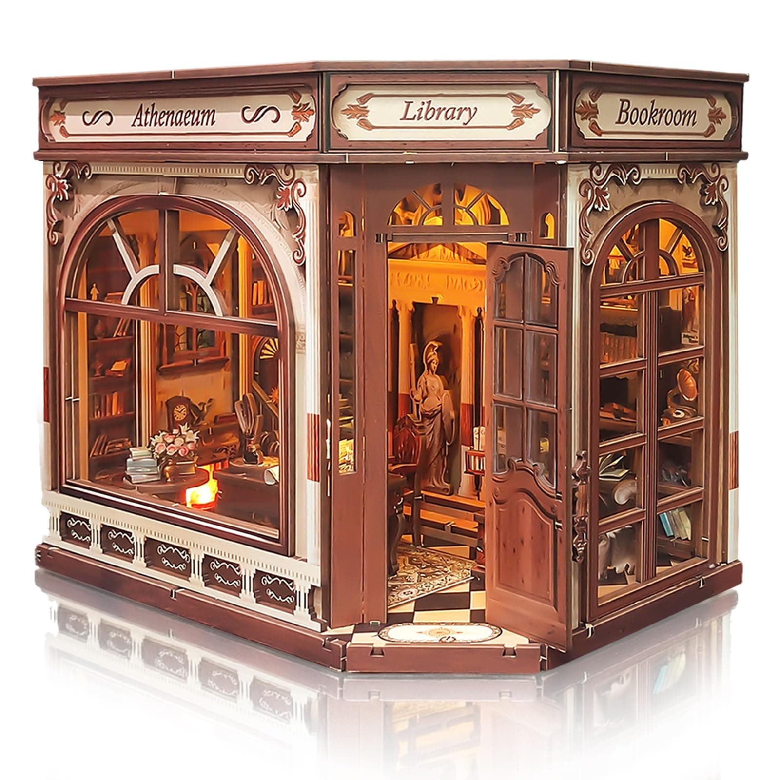 BELEV Book Nook Kit - DIY Miniature Wooden Booknook with LED Lights, Openable Door 3D Puzzle Bookend Bookshelf Decor Gift for Adults Teens - Athena's Library