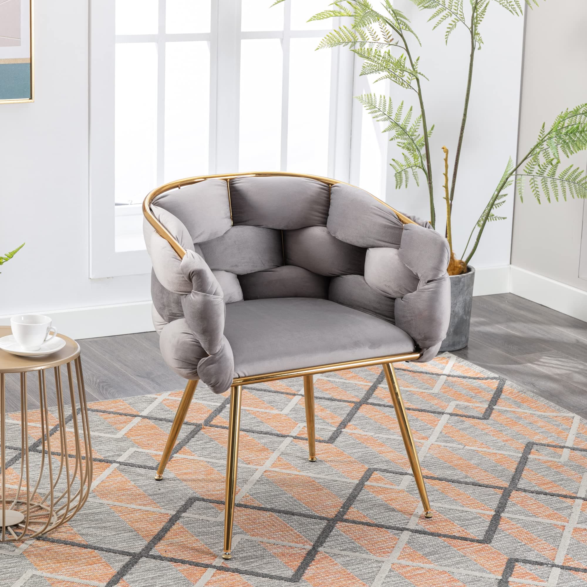 Uneeruiqy Modern Velvet Dining Chairs Hand Weaving Accent Upholstered Side Chair with Golden Metal Legs for Dining Room Kitchen Vanity Living Room Gray