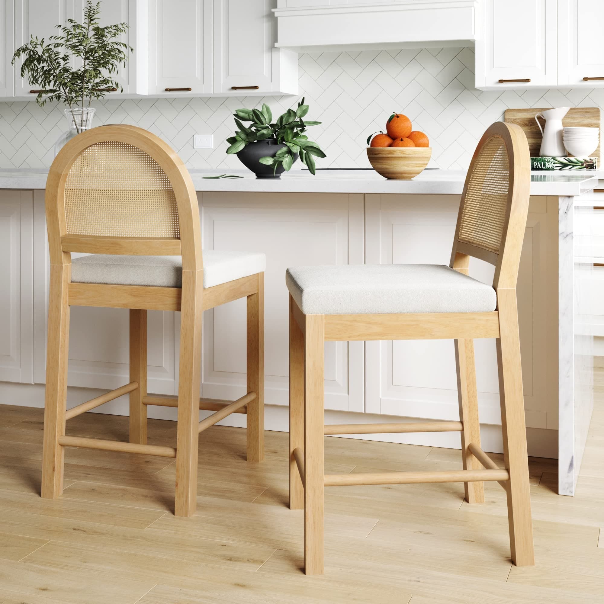 Nathan James Bailey Upholstered Rattan Bar Stool in Oak Finish Frame, Counter Height, Set of 2 with Natural Brown Boucle Fabric Seat, Natural Rattan Woven Back for Kitchen Island, Boho-Style Space