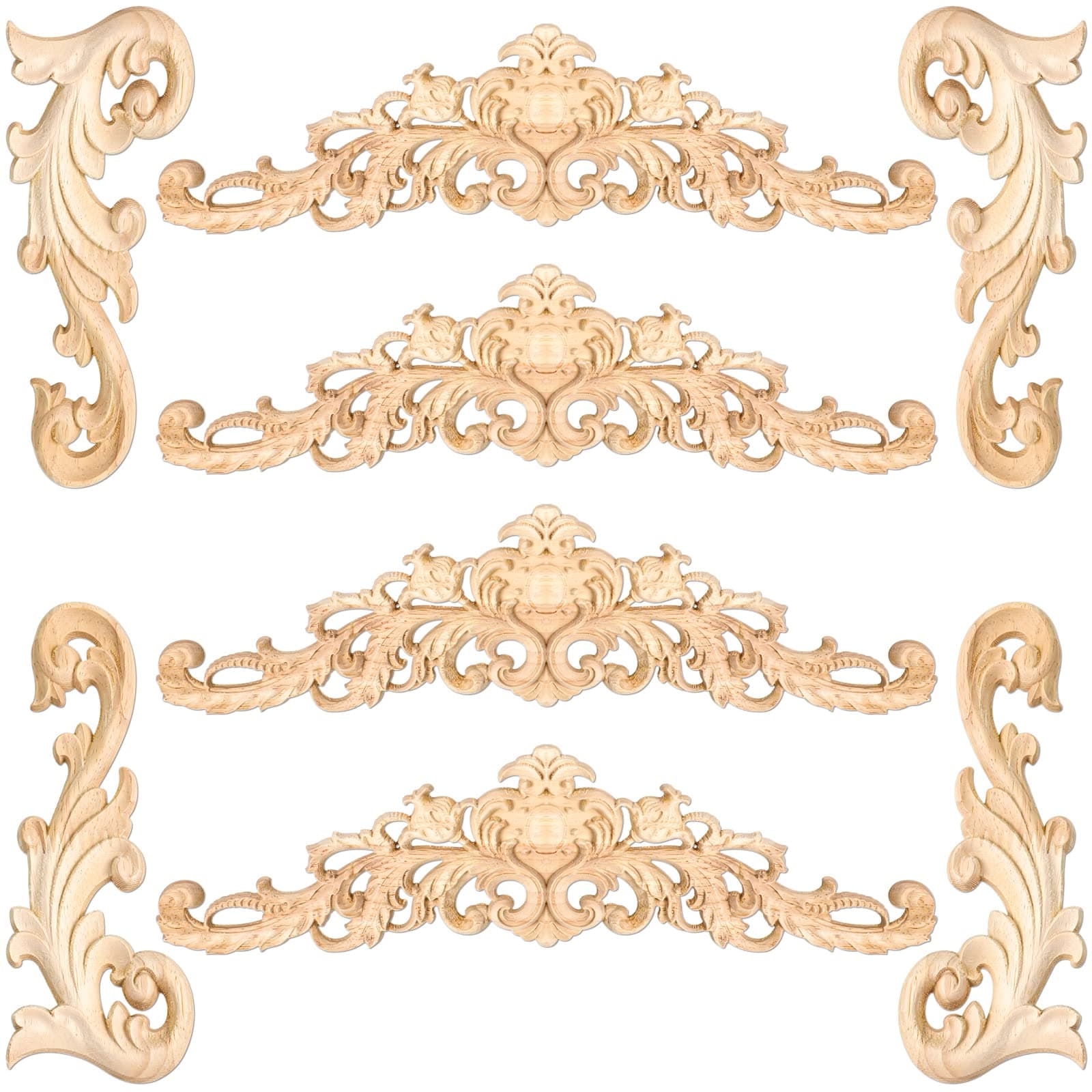 8 Pcs Wood Appliques Decorative and Onlays for Furniture Carved Onlays DIY Decorative Long Wood Carving Appliques for Door Decor, 2 Sizes