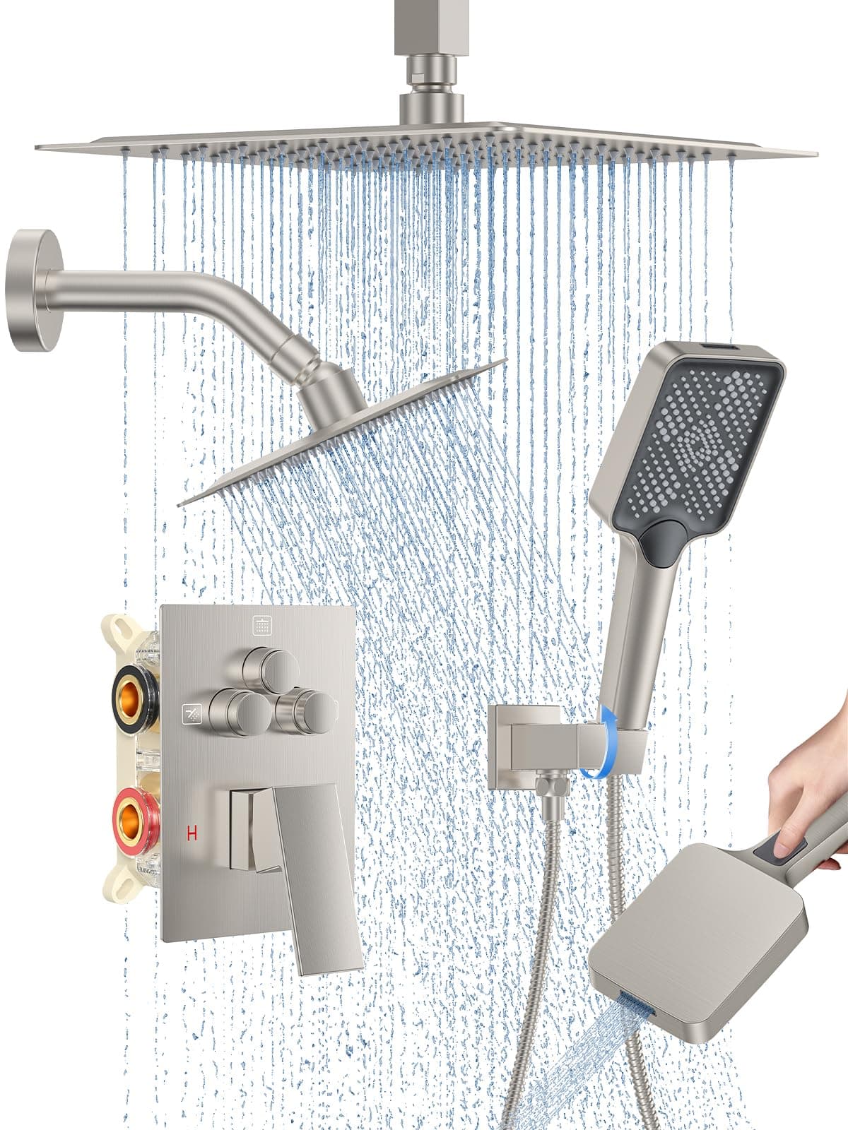 Shower Faucet Set, 10" Ceiling Mount Rainfall Shower System with 10'' Top Head+6'' Side Head and Multi-function Handheld Head Push Button Diverter Shower Faucet Trim Kit