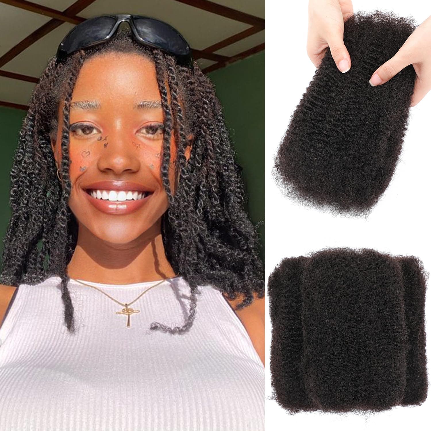 Afro Kinkys Bulk Human Hair For Dreadlock Extensions Afro Kinky Curly 100% Human Braiding Hair For Repair Crochet Dreads Loc Twist Braids (#1B, 16Inch-50Gram)