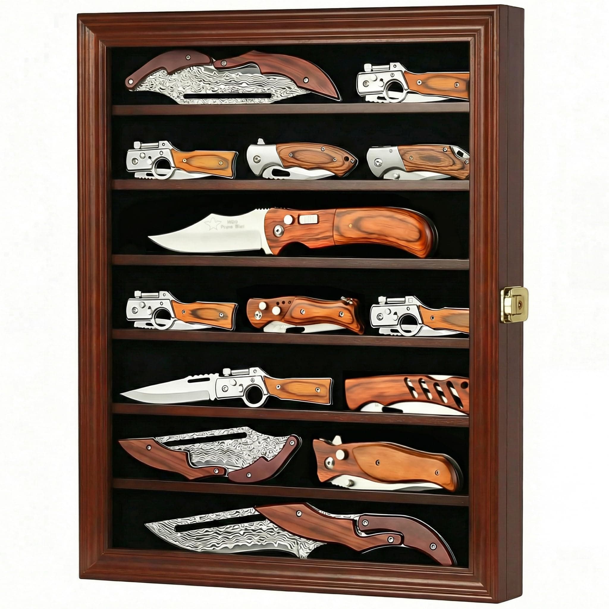 Pocket Knife Display Case Wall Cabinet UV Protection Lockable Door, Mahogany Finish
