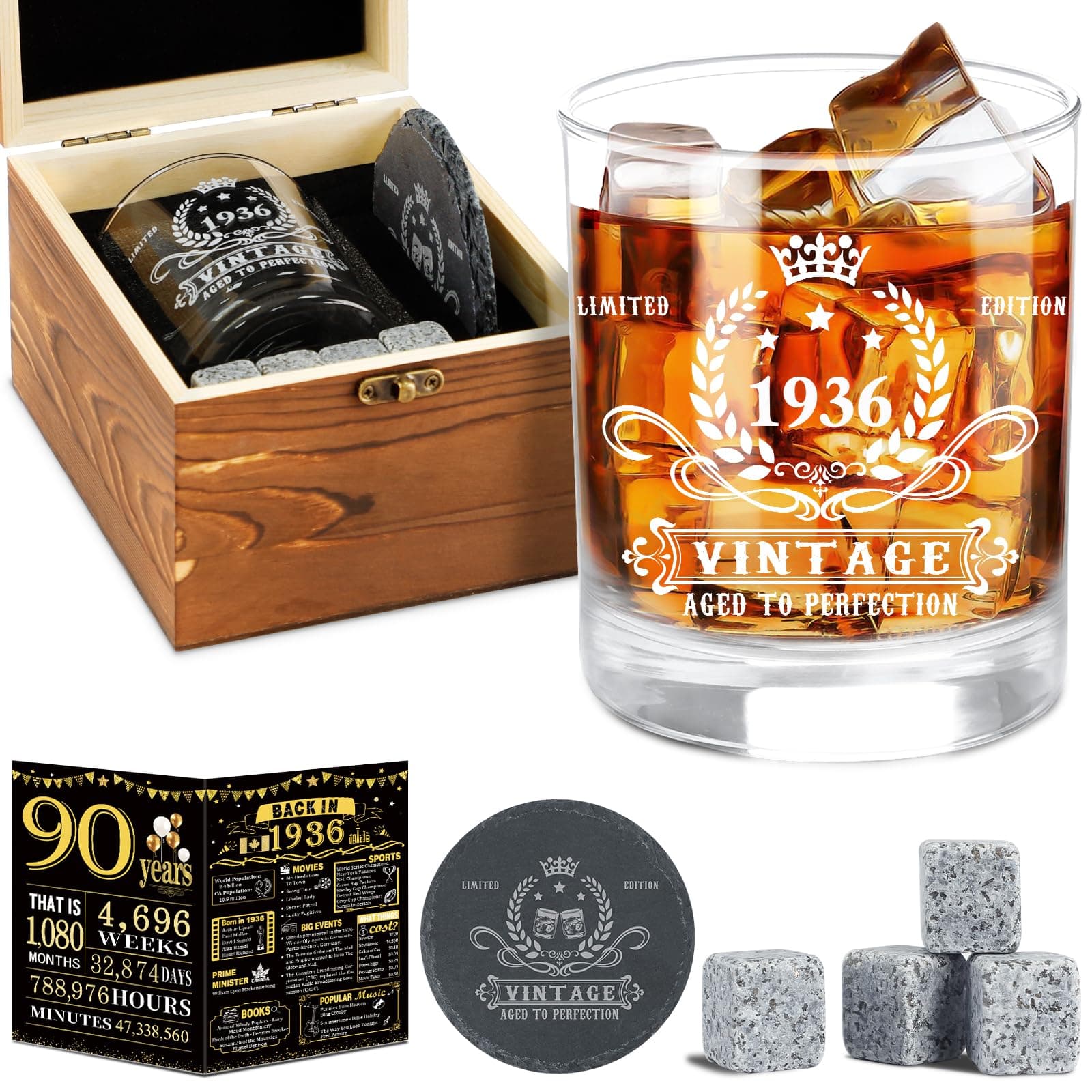 90th Birthday Gifts for Men,Vintage 1936 Whiskey Glass Set