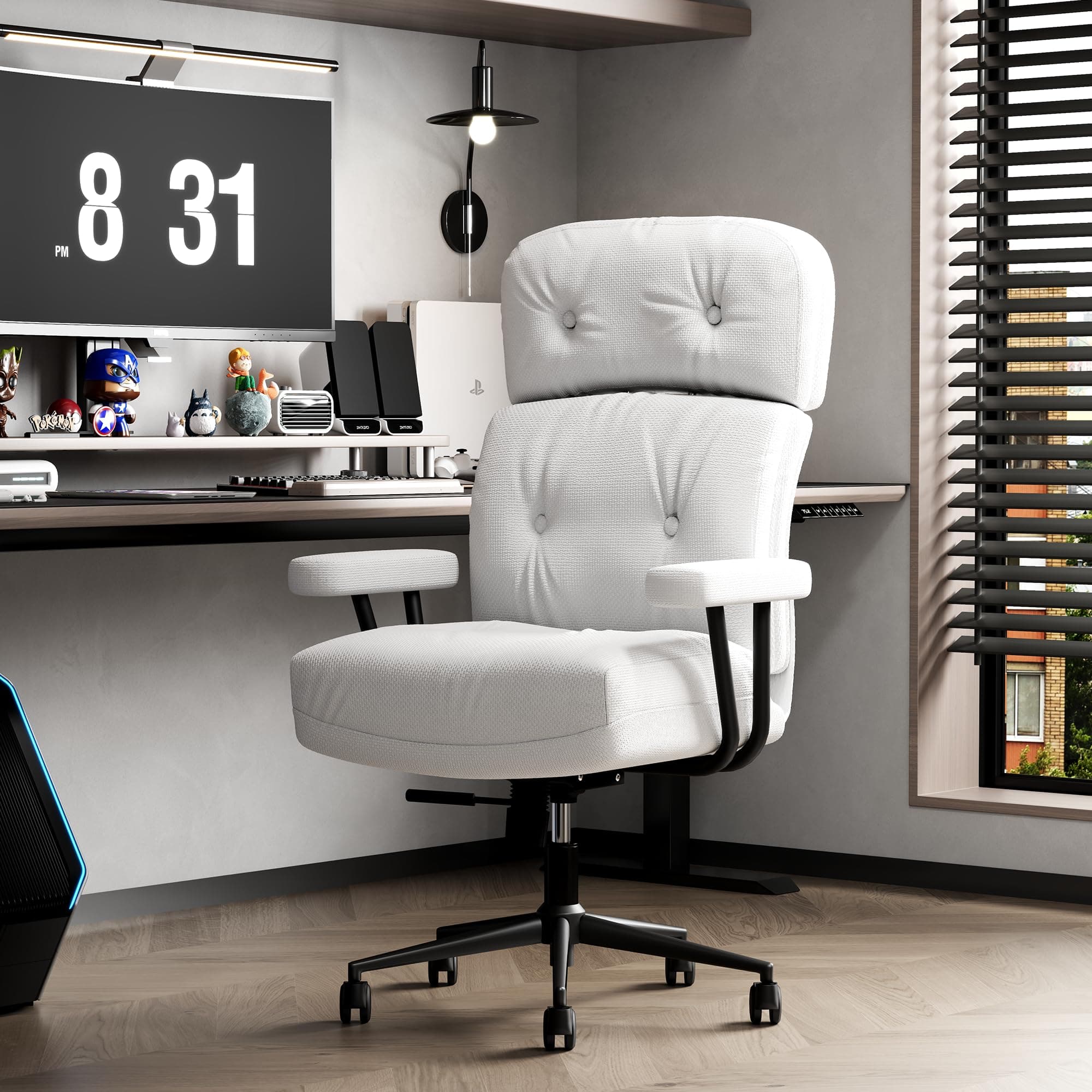 EIZIMZVU Home Office Chair with Adjustable Headrest, 5" Thick Cushion, High Back Swivel Desk Chair, Multiple Materials & Colors Faux Leather, Velvet Computer Chair (High-Back, 2282-Cloth-White)