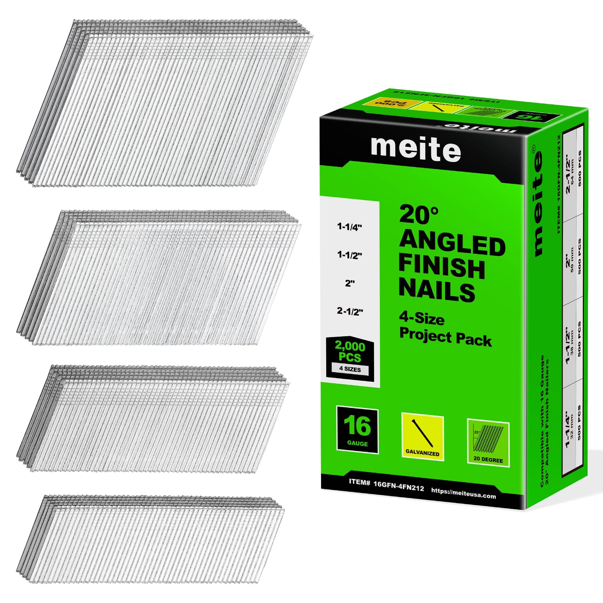 meite 16 Gauge Angled Finish Nail 20-Degree Assorted Size 2,000 (Each 500) 1-1/4", 1-1/2", 2" and 2-1/2" Galvanized Finishing Nail Project Pack for Pneumatic Electric Cordless Angled Nailer Gun